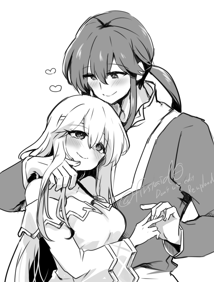 1boy 1girl blush brother_and_sister circlet dress fire_emblem fire_emblem:_genealogy_of_the_holy_war hand_on_another's_cheek hand_on_another's_face hand_on_another's_shoulder julia_(fire_emblem) long_hair monochrome ponytail seliph_(fire_emblem) siblings simple_background wide_sleeves yukia_(firstaid0)