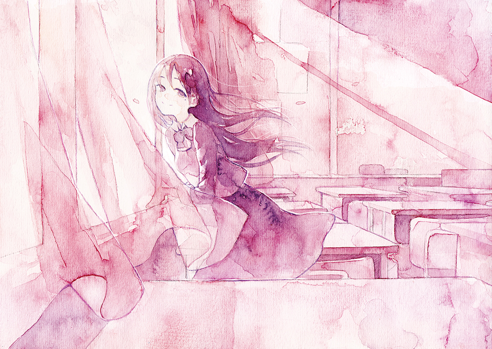1girl chair classroom closed_mouth collared_shirt curtains desk indoors light_rays light_smile long_sleeves looking_at_viewer moekon monochrome neckerchief original painting_(medium) pink_theme school_chair school_desk school_uniform shirt skirt solo standing traditional_media watercolor_(medium) window