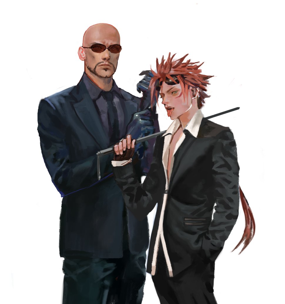 2boys af_cf bald baton_(weapon) black_gloves black_suit collared_shirt facial_hair final_fantasy final_fantasy_vii final_fantasy_vii_advent_children final_fantasy_vii_remake fingerless_gloves formal gloves goggles goggles_on_head holding_baton jacket long_hair male_focus multiple_boys necktie redhead reno_(ff7) rude_(ff7) shirt spiky_hair suit suit_jacket sunglasses tongue tongue_out turks_(ff7) weapon