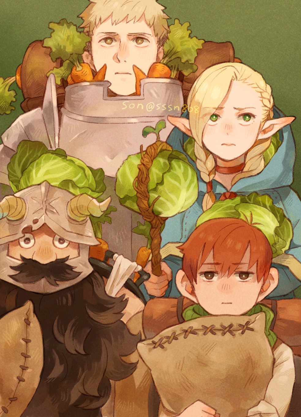 1girl 3boys armor bag beard black_eyes blonde_hair blue_capelet braid breastplate brown_eyes brown_hair cabbage capelet carrot chilchuck_tims choker dungeon_meshi dwarf elf facial_hair food frown gorget green_background green_eyes halfling highres holding holding_bag holding_food holding_staff holding_vegetable hood laios_thorden long_beard looking_ahead looking_at_viewer looking_to_the_side marcille_donato multiple_boys neck_warmer pauldrons pointy_ears red_choker red_ribbon ribbon senshi_(dungeon_meshi) shoulder_armor sleeping_bag sssn808 staff vegetable very_long_beard yellow_eyes