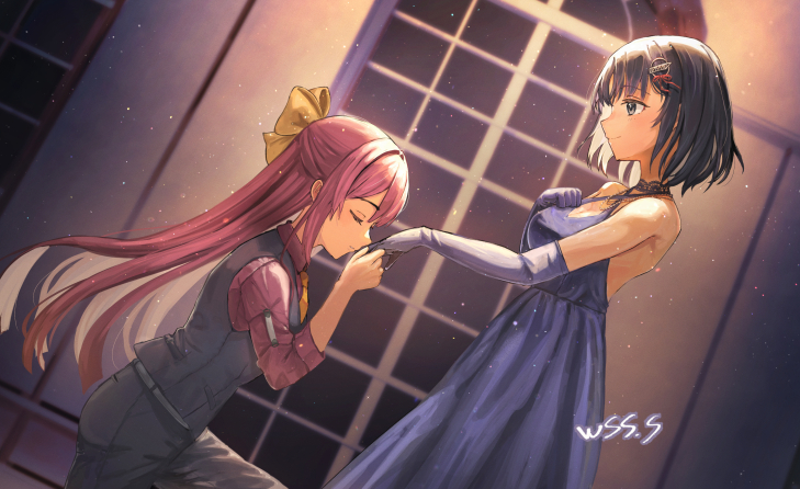 2girls black_pants black_vest blush bow breasts brown_eyes choker closed_eyes closed_mouth collared_shirt commentary_request cowboy_shot criss-cross_halter dim_lighting dress dress_shirt elbow_gloves gloves haguro_(kancolle) hair_ornament hairclip half_updo halter_dress halterneck hand_on_own_chest holding_hands indoors kamikaze_(kancolle) kantai_collection kiss kissing_hand lace lace_choker light_particles long_hair looking_at_another medium_breasts multiple_girls necktie night on_one_knee pants purple_dress purple_gloves red_shirt redhead shirt short_hair signature sleeveless sleeveless_dress small_breasts vest wind window wss_(nicoseiga19993411) yellow_bow yellow_necktie yuri