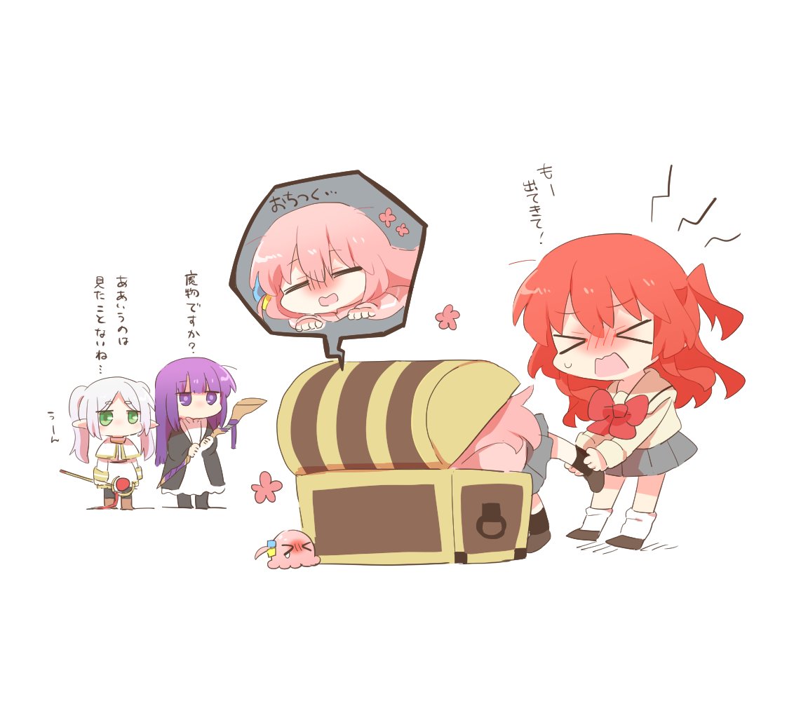&gt;_&lt; black_coat blush bocchi_the_rock! bow bowtie box chibi closed_eyes coat crossover dress fern_(sousou_no_frieren) frieren gotoh_hitori gotoh_hitori_(octopus) green_eyes grey_skirt holding holding_staff in_box in_container kita_ikuyo leg_grab long_hair long_sleeves miniskirt one_side_up open_clothes open_coat open_mouth pink_hair pleated_skirt pointy_ears purple_hair rebecca_(keinelove) red_bow red_bowtie redhead school_uniform shirt simple_background skirt socks sousou_no_frieren staff standing translation_request treasure_chest violet_eyes white_background white_dress white_hair white_socks yellow_shirt