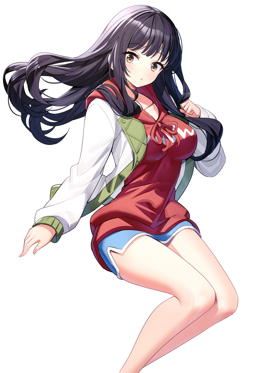 1girl :o black_hair blue_shorts boku_no_kokoro_no_yabai_yatsu breasts brown_eyes collarbone commentary_request dolphin_shorts feet_out_of_frame floating_hair hand_up highres hood hood_down hoodie jacket long_hair long_sleeves looking_at_viewer medium_breasts open_clothes open_jacket parted_lips puffy_long_sleeves puffy_sleeves red_hoodie ririko_(zhuoyandesailaer) short_shorts shorts simple_background sleeves_past_wrists solo very_long_hair white_background white_jacket yamada_anna