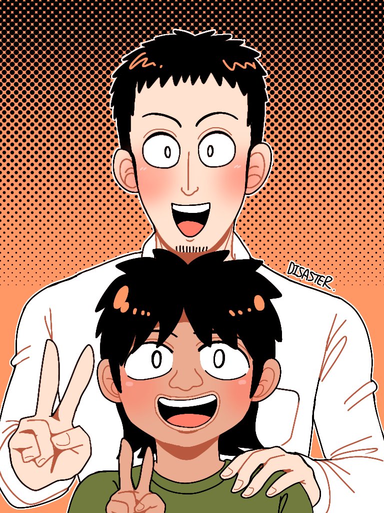 2boys black_hair chang_bowen commentary_request disaster_(disakurona_maru) fingernails green_shirt halftone halftone_background hand_on_another's_shoulder kaiji looking_at_viewer male_focus mario_garcia medium_bangs multiple_boys open_mouth orange_background shirt short_bangs short_hair smile teeth upper_body upper_teeth_only white_shirt
