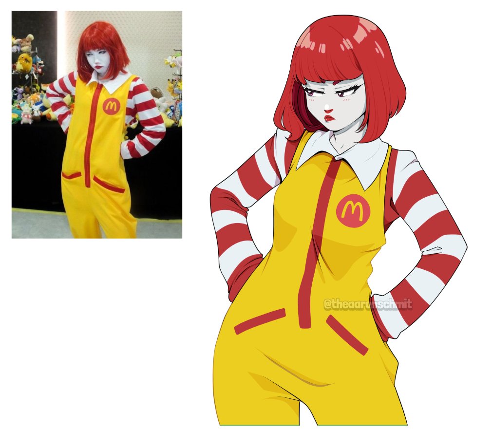 1girl aaron_schmit clown contrapposto cosplay cowboy_shot indoors logo mcdonald's photo-referenced red_lips redhead reference_inset ronald_mcdonald ronald_mcdonald_(cosplay) short_hair striped_sleeves watermark white_background