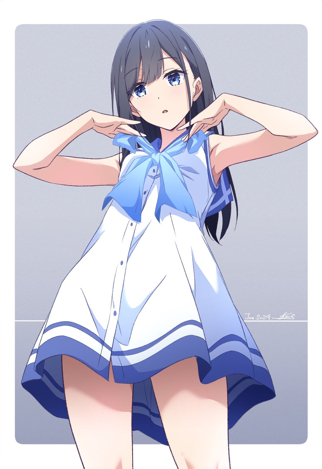1girl armpits black_hair blue_eyes blue_neckerchief commentary_request dated dress gradient_background grey_background highres long_hair monai-chan_(nii_manabu) neckerchief nii_manabu original parted_lips signature sleeveless sleeveless_dress solo standing thighs white_dress