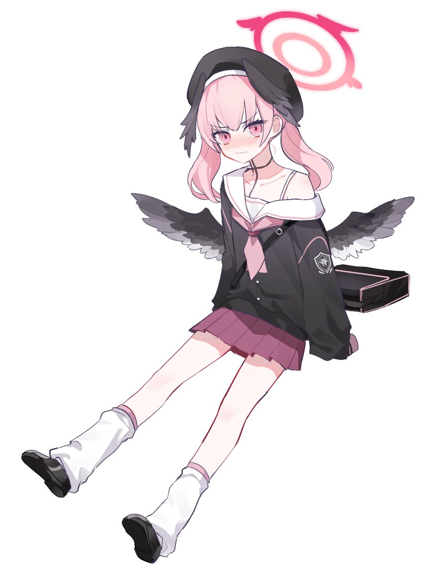 1girl bag black_wings blue_archive blush cjsdh1000 closed_mouth feathered_wings full_body halo hat head_wings koharu_(blue_archive) leg_warmers long_sleeves neckerchief nose_blush off_shoulder pink_eyes pink_hair pink_neckerchief pleated_skirt sailor_collar school_uniform serafuku simple_background skirt solo white_sailor_collar wings