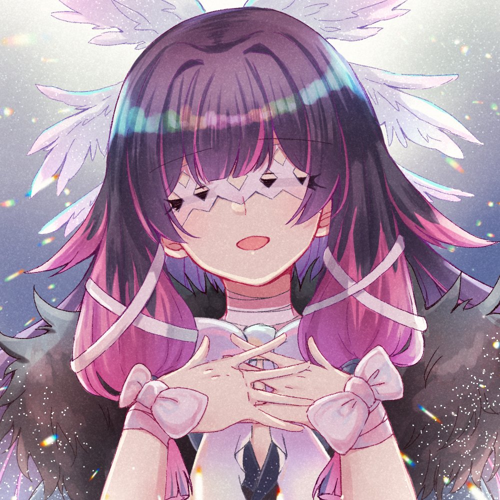 1girl black_hair bow bowtie coat colored_tips columbina_(genshin_impact) eye_mask facing_viewer film_grain fur-trimmed_coat fur_trim genshin_impact light_particles multicolored_hair open_mouth own_hands_together pink_hair portrait shirasu_(miyaimari) smile solo tassel two-tone_hair white_bow white_bowtie white_mask wing_hair_ornament wrist_bow