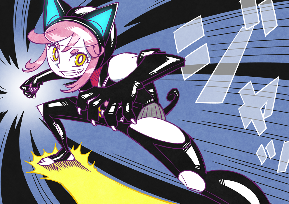 1girl animal_ear_hood animal_ears bare_shoulders barefoot black_bodysuit blue_background bodysuit bright_pupils cat_ears cat_tail claws clenched_hand clothing_cutout detached_sleeves emphasis_lines hood incoming_attack legs_apart original pink_hair short_eyebrows sidelocks smile solo stirrup_legwear sunafuki_tabito tail thigh_cutout toeless_legwear visor_cap yellow_eyes