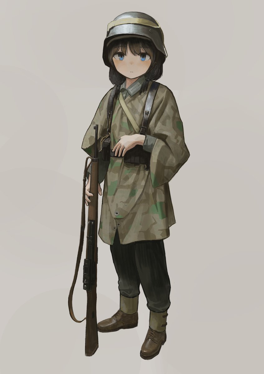 1girl black_pants blue_eyes brown_footwear closed_mouth coat commentary commission english_commentary full_body garoppui gun helmet original pants simple_background solo standing weapon weapon_request