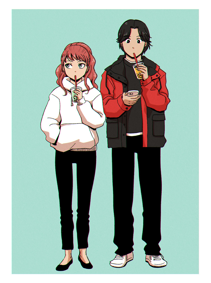 1boy 1girl black_eyes black_footwear black_hair black_jacket black_pants black_shirt blue_background blue_eyes bubble_tea casual cellphone contemporary cup disposable_cup drawstring drinking drinking_straw drinking_straw_in_mouth full_body hair_over_shoulder hand_in_pocket hand_up height_difference holding holding_cup holding_phone hood hoodie jacket juuni_kokuki kayori_(omochi) long_hair looking_at_phone multicolored_clothes multicolored_jacket nakajima_youko pants parted_lips phone ponytail rakushun_(juuni_kokuki) red_jacket redhead shirt shoes short_hair side-by-side sideways_glance simple_background standing two-tone_jacket white_footwear white_hoodie