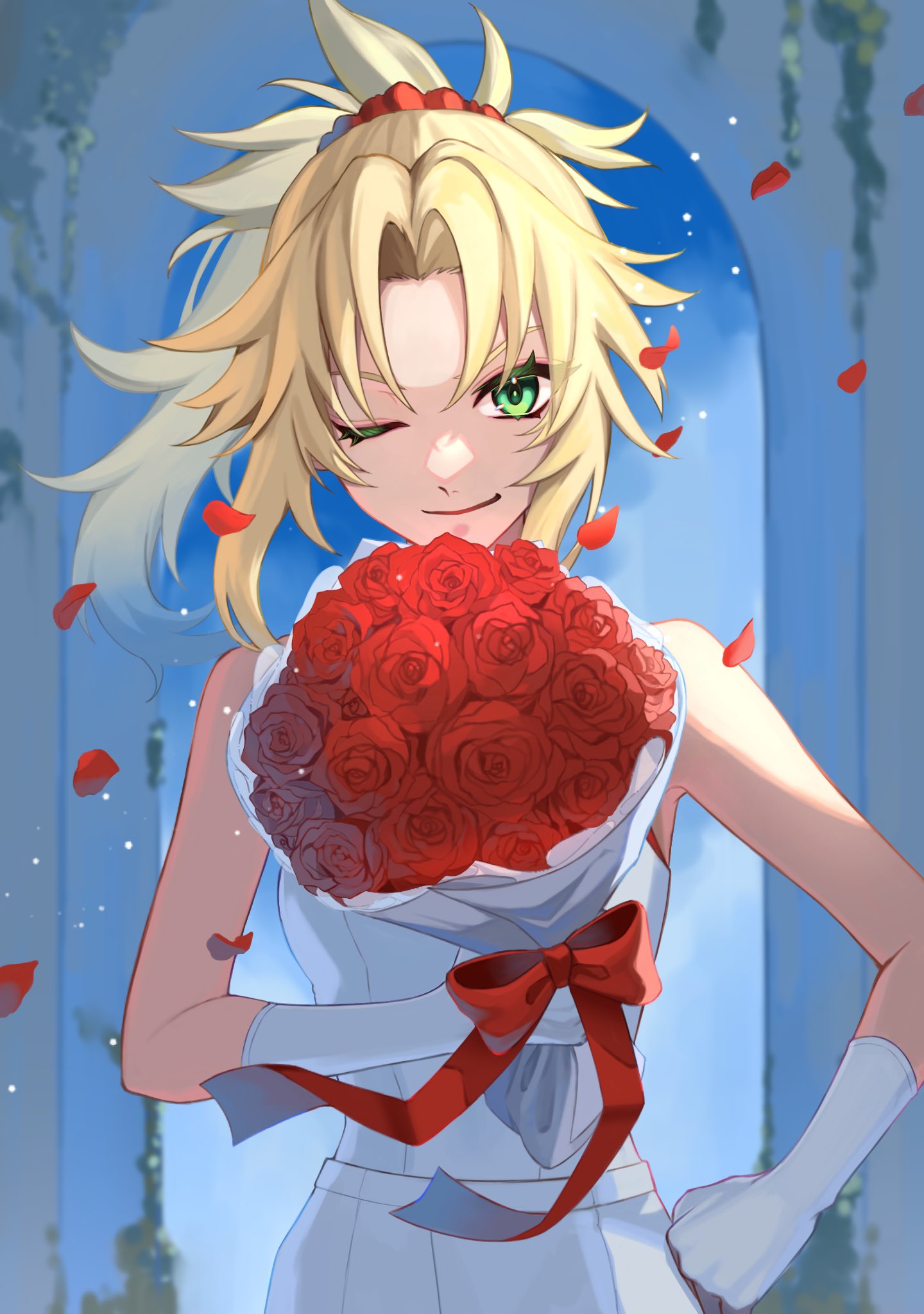 blonde_hair bouquet bow clenched_hand dress fate_(series) flower gloves green_eyes hand_on_own_hip highres holding holding_bouquet light_particles looking_at_viewer mord_roku0131 mordred_(fate) one_eye_closed petals ponytail red_bow red_flower red_rose rose smile upper_body white_dress white_gloves