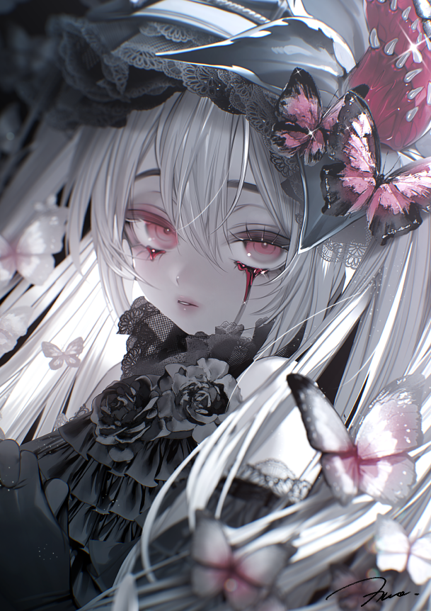 1girl bare_shoulders blood blood_from_eyes bonnet bug butterfly commentary commission dress expressionless flower gloves gothic_lolita hair_between_eyes lolita_fashion long_hair looking_at_viewer monochrome original parted_lips pink_eyes rose skeb_commission solo spot_color upper_body wolrero