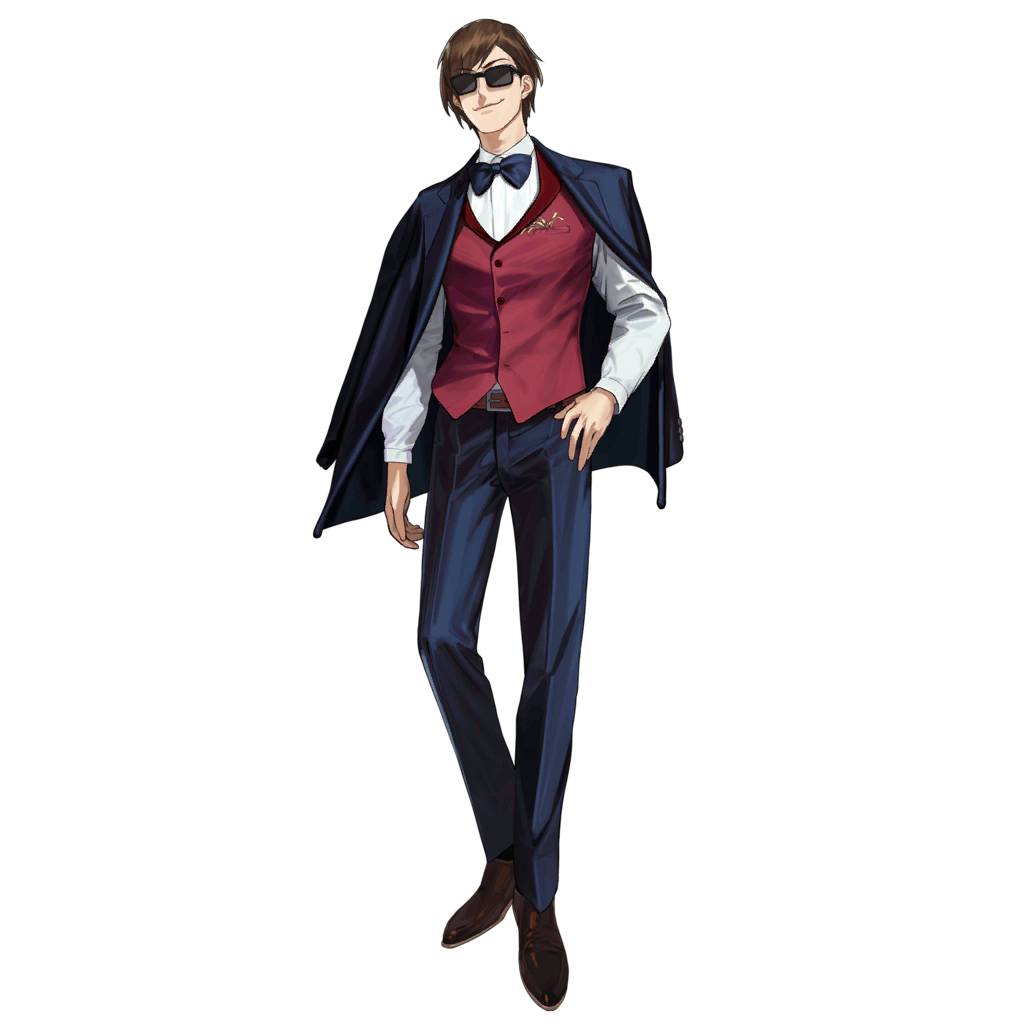 1boy artist_request belt black_bow black_bowtie black_jacket black_pants blazer bow bowtie brown_footwear brown_hair buttons closed_mouth collared_shirt crossover dress_shoes dried_squid facing_viewer food_in_pocket full_body girls_frontline jacket jacket_on_shoulders long_sleeves male_focus official_art pants red_vest shirt short_hair simple_background smile solo standing sunglasses tatsumi_koutarou third-party_source transparent_background vest white_shirt zombie_land_saga