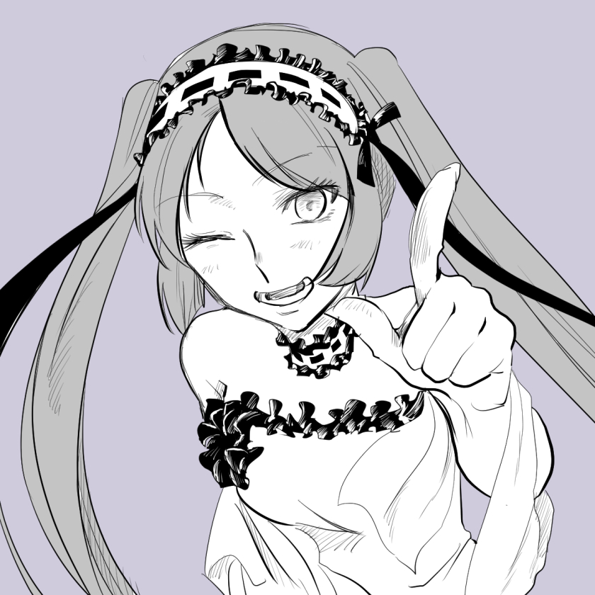 1girl choker dress elbow_gloves euryale_(fate) fate/grand_order fate_(series) frilled_choker frilled_dress frills gloves greyscale_with_colored_background hairband light_blush lolita_hairband long_hair looking_at_viewer metarogu one_eye_closed open_mouth pointing pointing_at_viewer ribbon-trimmed_collar ribbon-trimmed_headwear ribbon_trim simple_background smile solo twintails upper_body