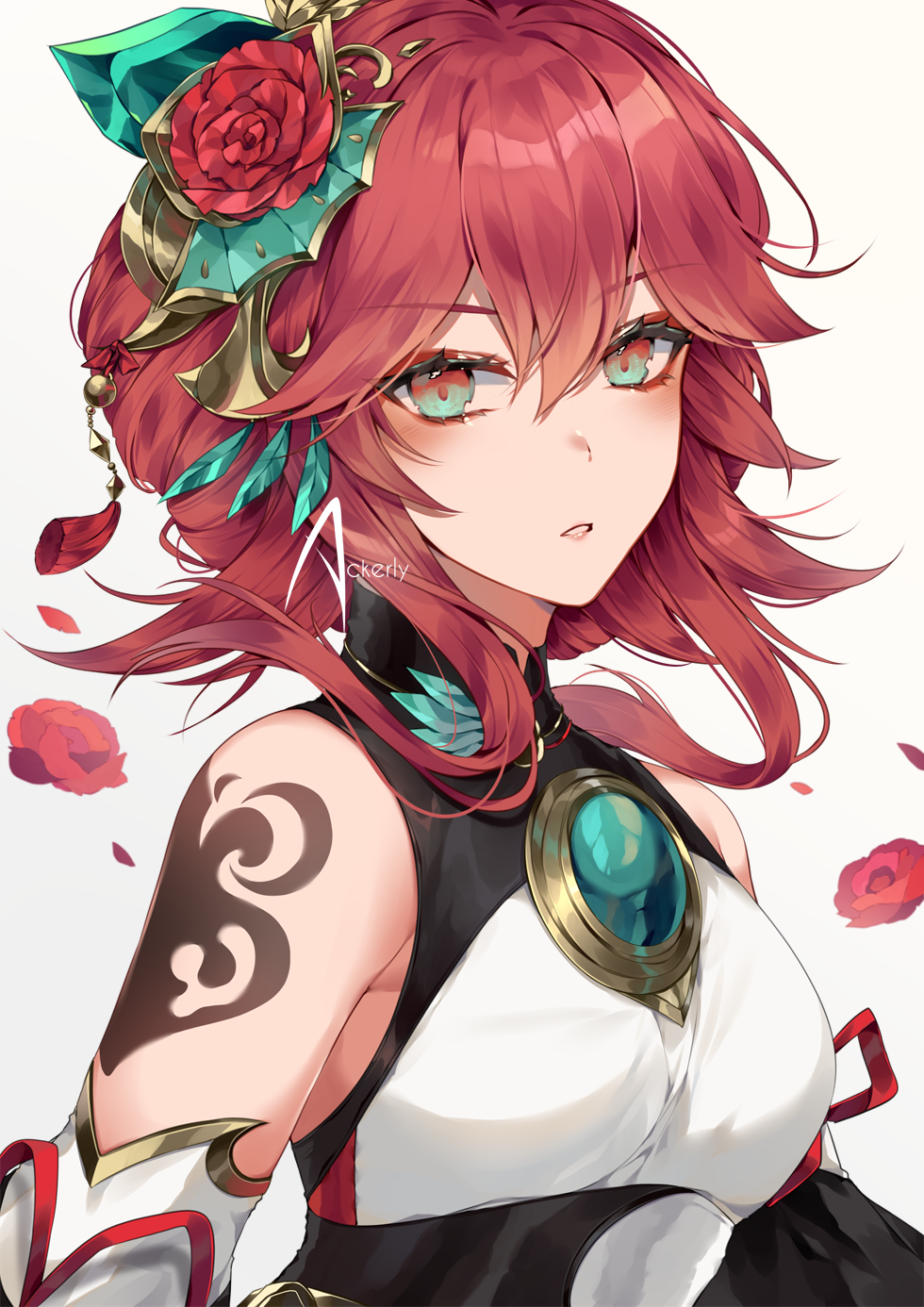1girl ackerly aqua_eyes arm_tattoo armpit_peek arms_at_sides artist_name bare_shoulders breasts brooch commentary commission detached_sleeves english_commentary falling_petals floating_hair flower hair_between_eyes hair_flower hair_ornament high_collar highres jewelry long_hair looking_at_viewer medium_breasts multicolored_eyes original parted_lips petals red_eyes red_flower red_rose redhead rose rose_petals sidelocks signature simple_background solo tassel tassel_hair_ornament tattoo tsurime upper_body white_background white_sleeves