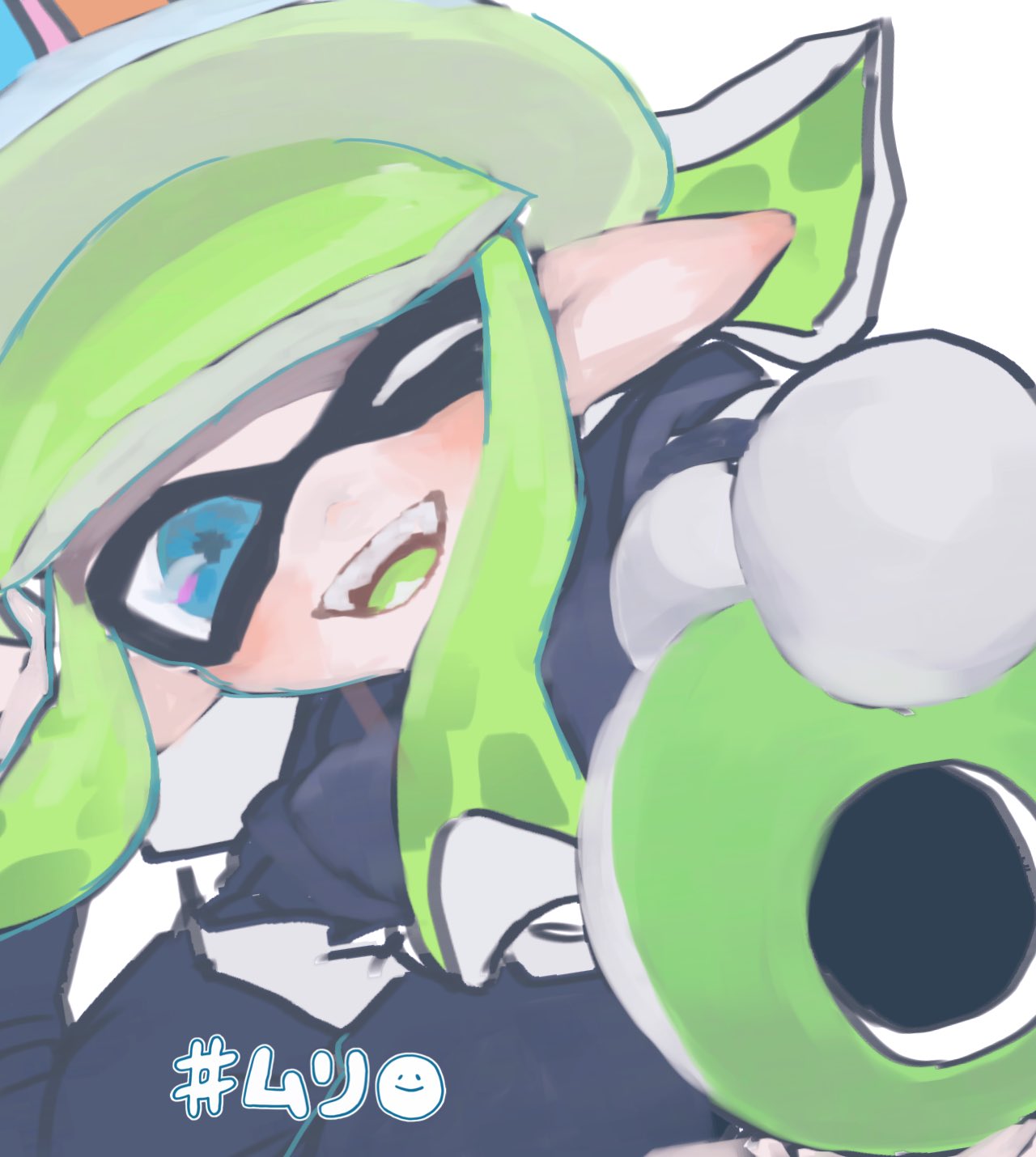 1girl aiming aiming_at_viewer arm_up black_jacket blue_eyes blunt_bangs blush butter_(oshi8kyoumoh) colored_tongue commentary_request fangs green_hair green_headwear green_tongue hand_up happy hat highres hime_cut holding holding_weapon inkling inkling_girl jacket long_hair long_sleeves luna_blaster_(splatoon) one_eye_closed open_mouth outstretched_arm pointy_ears sidelocks smile solo splatoon_(series) teeth tentacle_hair tentacles translation_request weapon