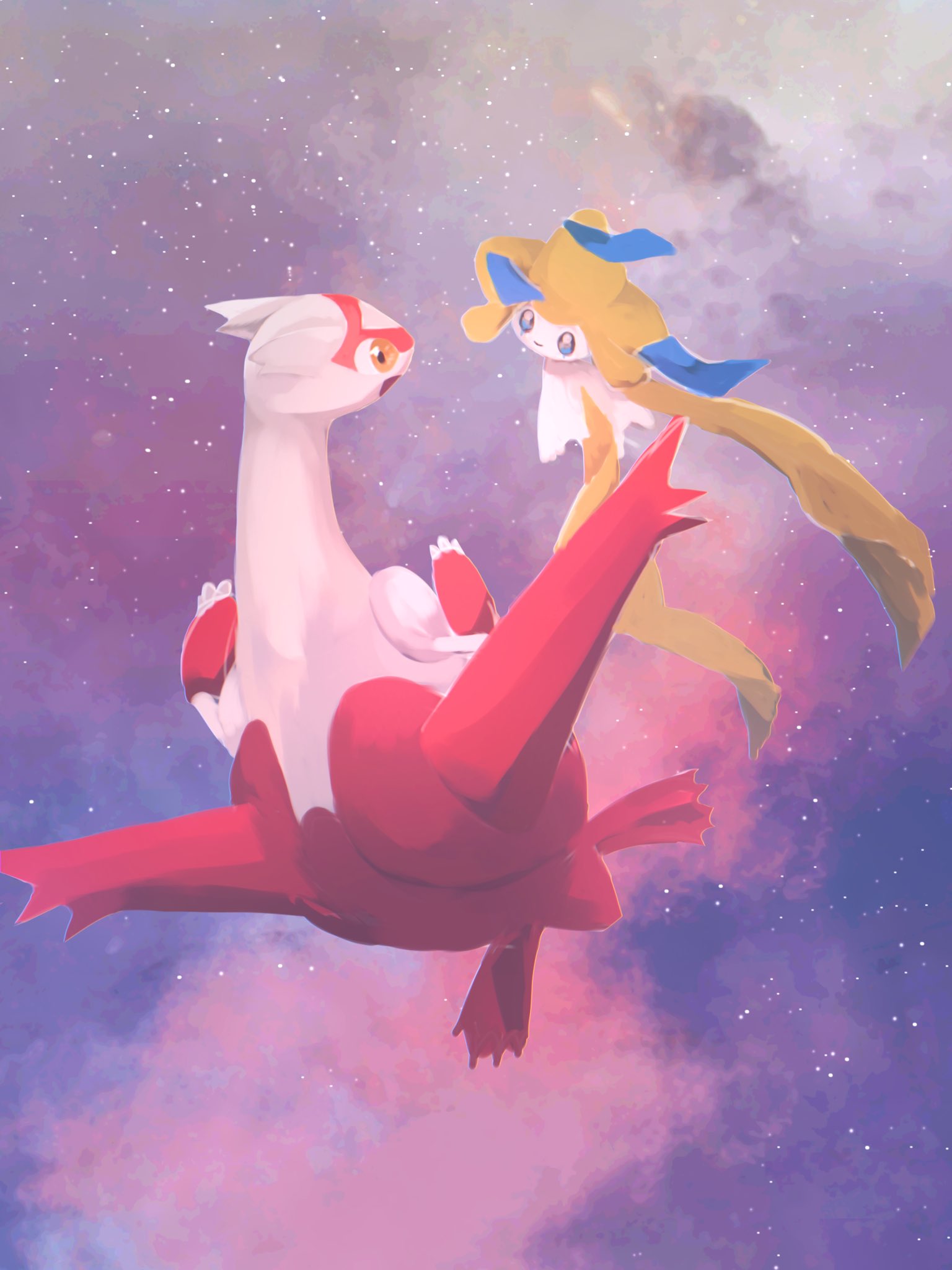 1other arm_at_side blue_eyes butter_(oshi8kyoumoh) claws closed_mouth clouds colored_skin commentary eye_contact floating from_behind full_body happy highres jirachi latias looking_at_another open_mouth orange_eyes outdoors pokemon pokemon_(creature) purple_background smile space star_(sky) white_skin
