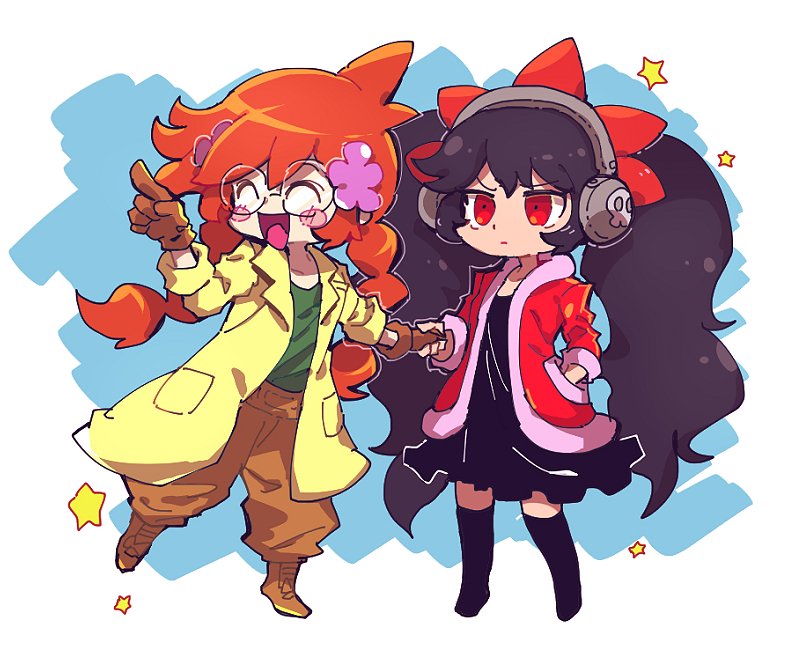 2girls ^o^ anna_(crazy_galaxy)_(cosplay) ashley_(warioware) chiimako closed_eyes coat crazy_galaxy flower_hair_ornament glasses green_shirt hairband headphones jacket labcoat open_mouth penny_crygor pointing red_eyes red_jacket skirt star twintails warioware