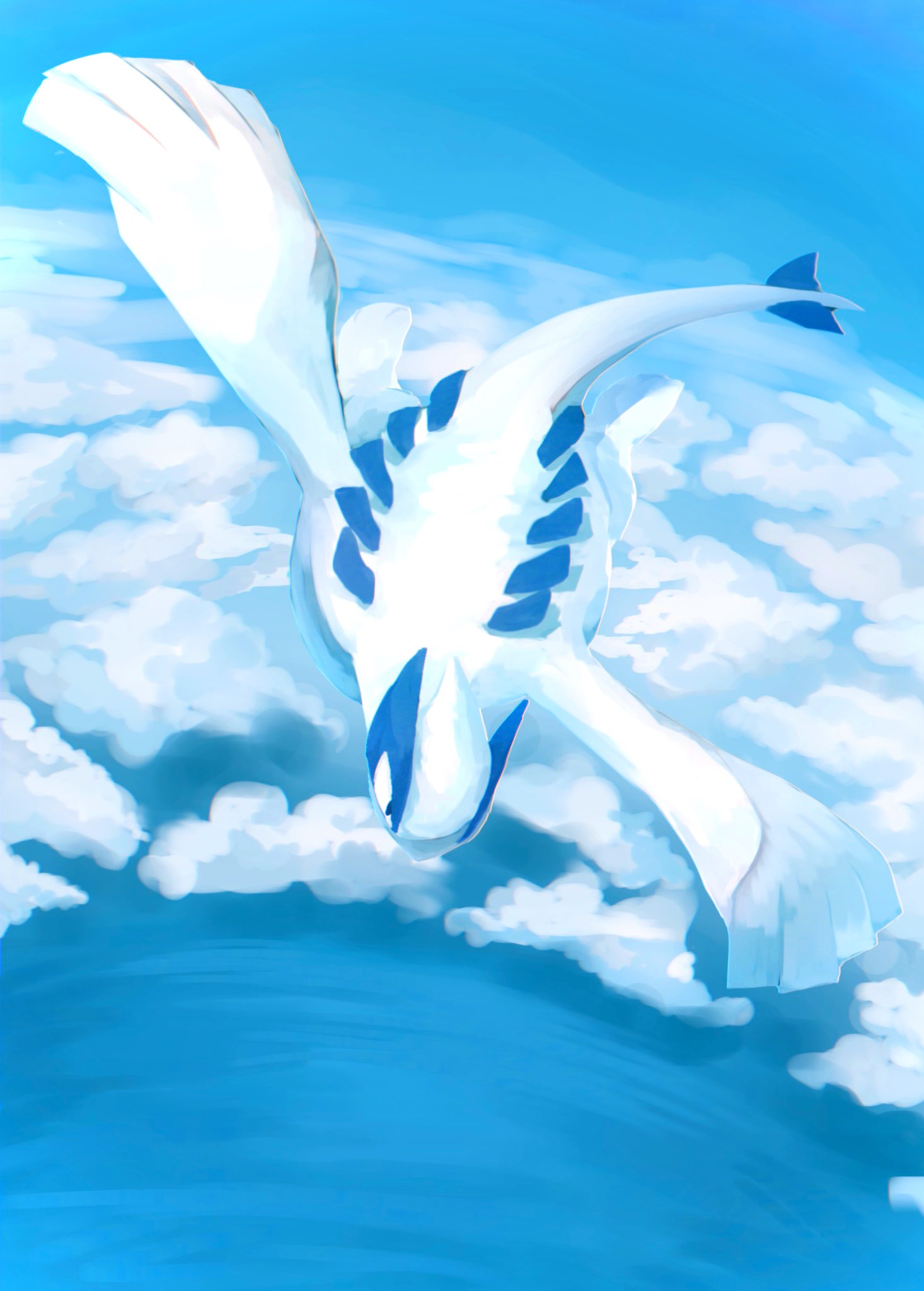 above_clouds animal_focus black_eyes blue_background blue_sky blue_theme butter_(oshi8kyoumoh) clouds commentary_request day flying from_above full_body highres lugia monochrome no_humans outdoors pokemon pokemon_(creature) sky solo