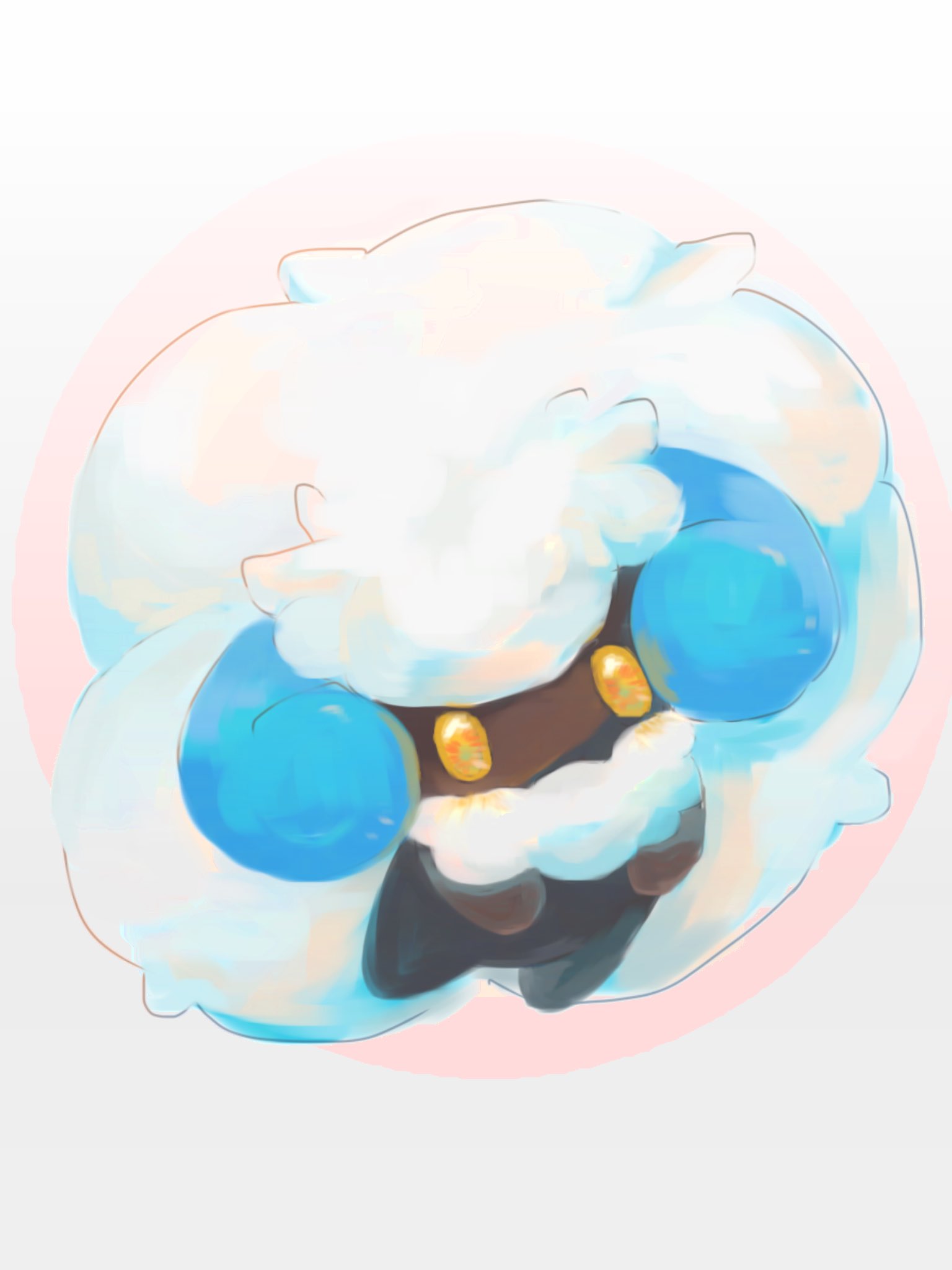 alternate_color animal_focus big_hair butter_(oshi8kyoumoh) commentary_request full_body highres long_hair looking_at_viewer no_humans no_mouth orange_eyes pink_background pokemon pokemon_(creature) round_image shiny_pokemon simple_background solo very_long_hair whimsicott white_hair