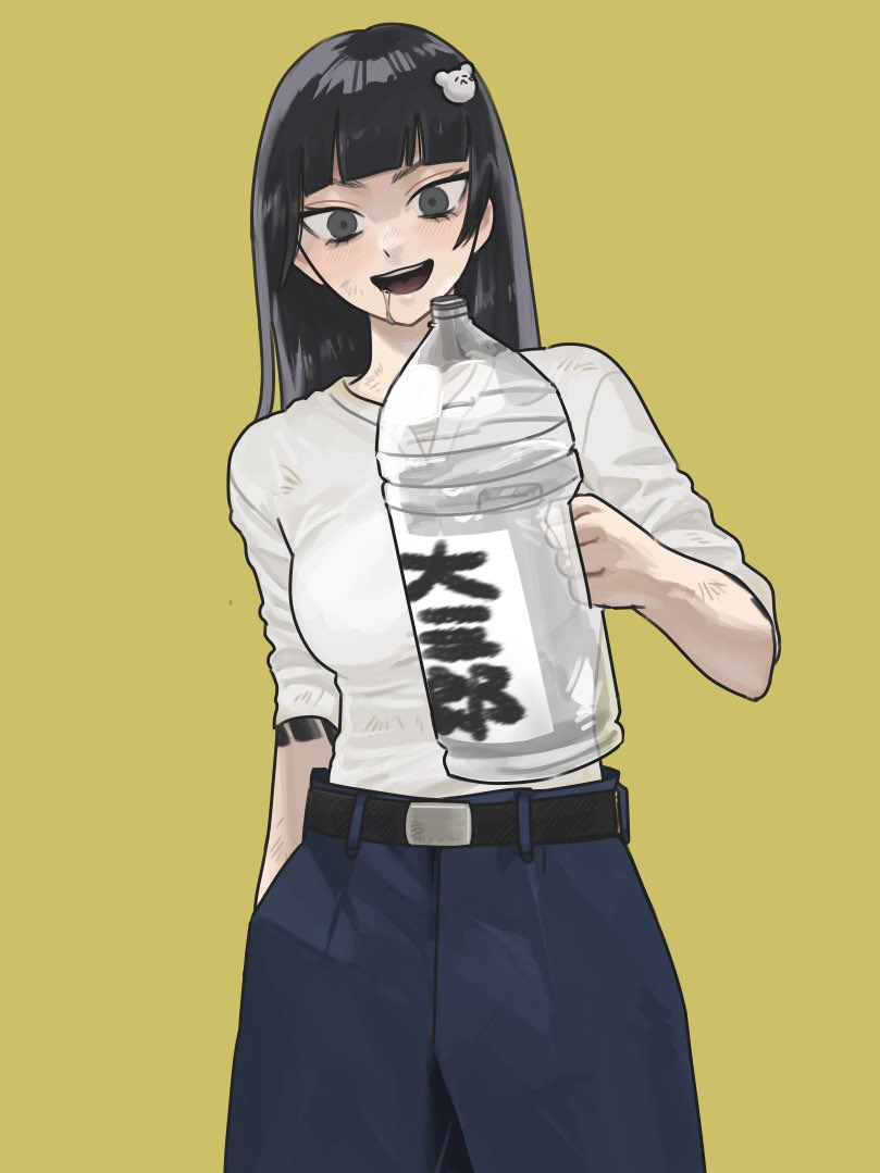 1girl bags_under_eyes bear_hair_ornament belt black_belt black_eyes black_hair black_pants blunt_bangs blush bottle breasts commentary cowboy_shot dirty dirty_clothes drooling hair_ornament hanakusogorilla hand_in_pocket holding holding_bottle irezumi jimoto_saikou jug_(bottle) koharu_(jimoto_saikou) large_breasts long_hair looking_at_viewer pants shirt_tucked_in short_sleeves simple_background sleeves_pushed_up smile solo standing tattoo tsurime water yellow_background
