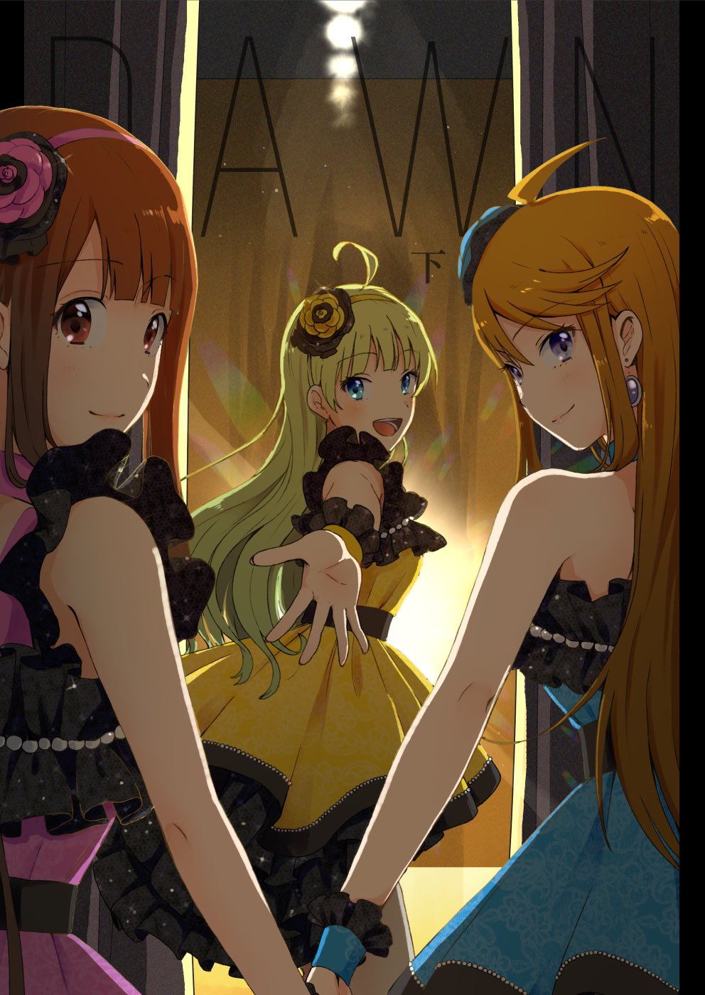 3girls ahoge beads beckoning black_sash blue_dress blue_eyes blue_flower blue_rose blue_wrist_cuffs blunt_bangs brown_eyes brown_hair closed_mouth commentary_request cover cover_page cowboy_shot curtains doujin_cover dress earrings english_text eyelashes feet_out_of_frame flower frilled_dress frilled_wrist_cuffs frills from_behind green_hair hair_flower hair_ornament hairband highres holding_hands idol idolmaster idolmaster_million_live! indoors jewelry long_hair looking_at_viewer looking_back mixed-language_text multiple_girls open_mouth outstretched_arm pink_dress pink_flower pink_rose pleated_dress rose sash shimabara_elena short_dress sidelocks sleeveless sleeveless_dress smile sphere_earrings spotlight stage straight_hair strapless strapless_dress tanaka_kotoha teeth tokoro_megumi violet_eyes wavy_hair witoi_(roa) wrist_cuffs yellow_dress yellow_flower yellow_hairband yellow_rose yellow_wrist_cuffs