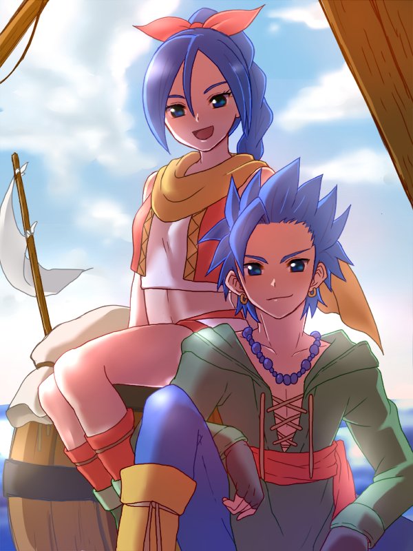 1boy 1girl barrel blue_eyes blue_hair braid braided_ponytail camus_(dq11) closed_mouth clouds dragon_quest dragon_quest_xi earrings fingerless_gloves gloves hair_ribbon jewelry long_hair looking_at_viewer maya_(dq11) necklace open_mouth red_vest ribbon scarf shorts single_braid smile syanathena vest
