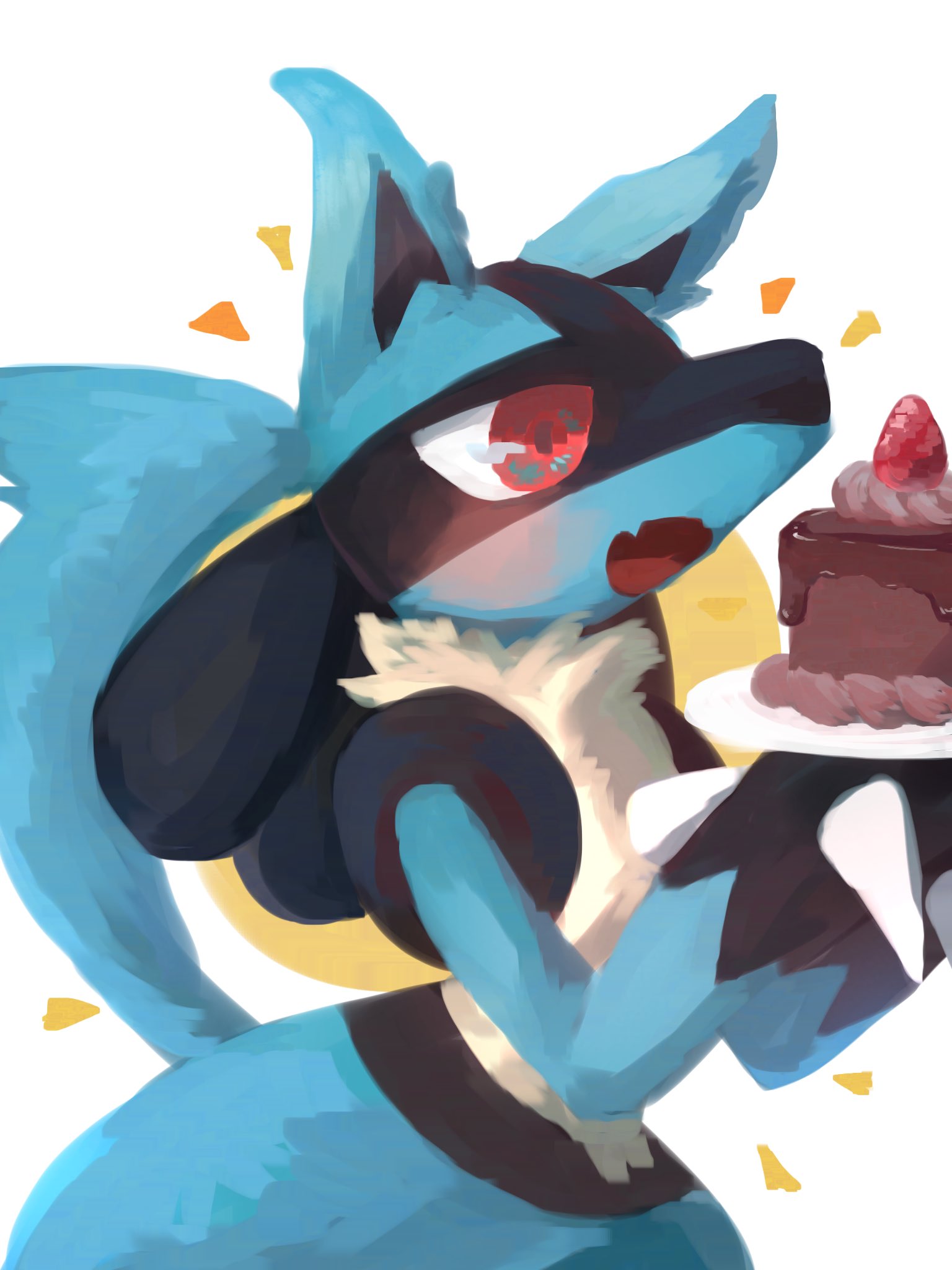 1boy animal_ears animal_hands black_fur blue_fur blush body_fur butter_(oshi8kyoumoh) cake chocolate_cake commentary_request fang food fruit furry furry_male hands_up happy highres holding holding_cake holding_food holding_plate lucario male_focus multicolored_fur no_lineart notice_lines open_mouth plate pokemon pokemon_(creature) red_eyes simple_background skin_fang smile snout solo spikes standing strawberry tail textless_version upper_body white_background wolf_boy wolf_ears wolf_tail yellow_fur