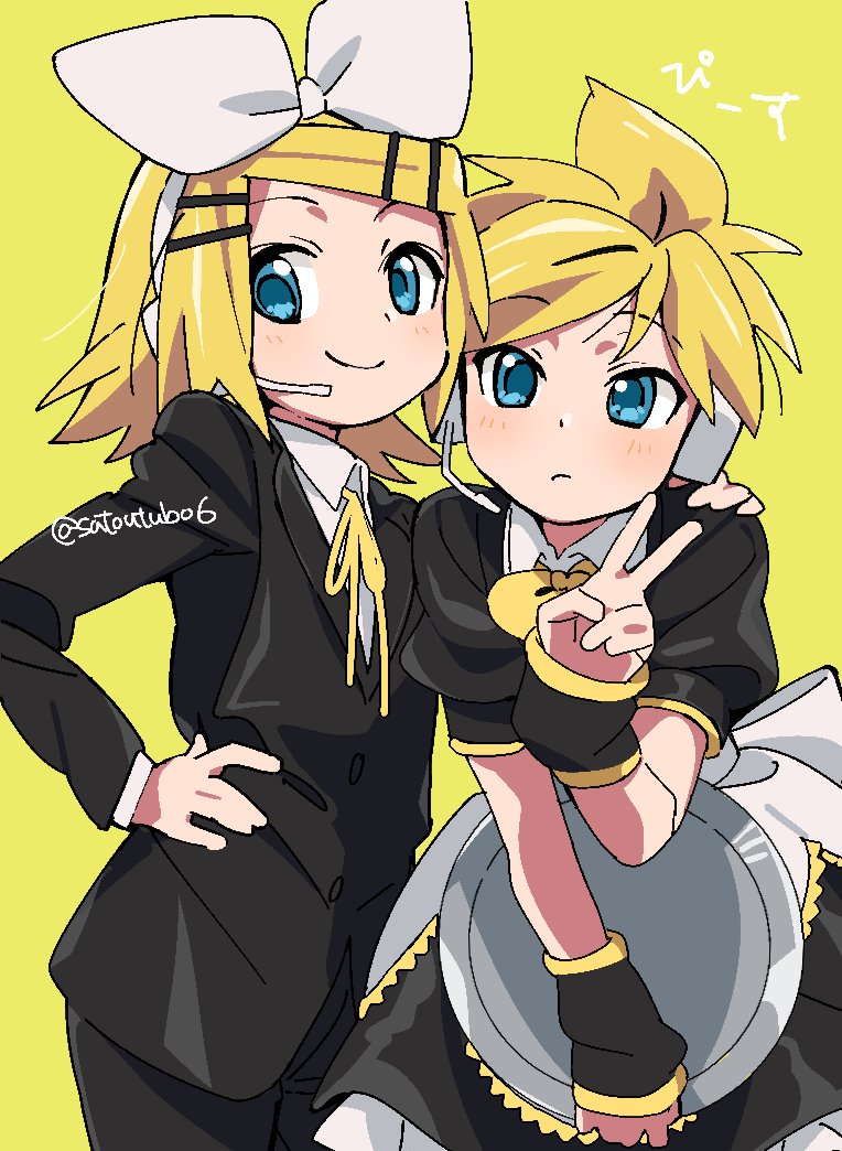 1boy 1girl arm_warmers black_dress blonde_hair blue_eyes blush bow crossdressing dot_nose dress expressionless hair_bow hand_on_another's_shoulder hand_on_own_hip headset holding holding_tray kagamine_len kagamine_rin leaning_forward looking_at_viewer maid sash satou_asuka short_hair siblings simple_background smile standing suit tray v vocaloid white_bow yellow_background
