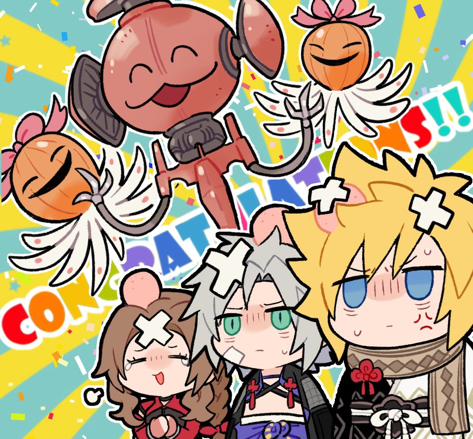 1girl 2boys aerith_gainsborough aerith_gainsborough_(rosy_battle_suit) anger_vein bandaid bandaid_on_face blonde_hair blue_eyes braid braided_ponytail brown_hair chest_strap chibi closed_eyes cloud_strife cloud_strife_(official_festive_garb) congratulations crossed_bandaids final_fantasy final_fantasy_vii final_fantasy_vii_ever_crisis frogccc333 furrowed_brow green_eyes grey_hair hair_ribbon happy_tears head_bump jack-o'-lantern japanese_clothes mechanical_parts multiple_boys official_alternate_costume open_mouth own_hands_together parted_bangs red_ribbon red_sleeves ribbon sephiroth sephiroth_(celebratory_garb) short_hair sidelocks single_braid slit_pupils spiky_hair sweatdrop tears upper_body