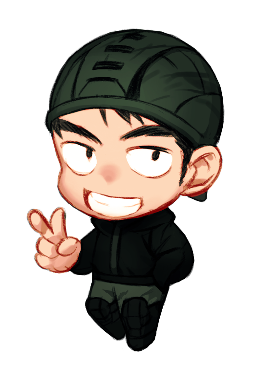 1boy :d aikawa_(dorohedoro) backwards_hat black_hair chibi dorohedoro full_body hand_in_pocket hat looking_at_viewer mt-pppp smile solo standing thick_eyebrows transparent_background v