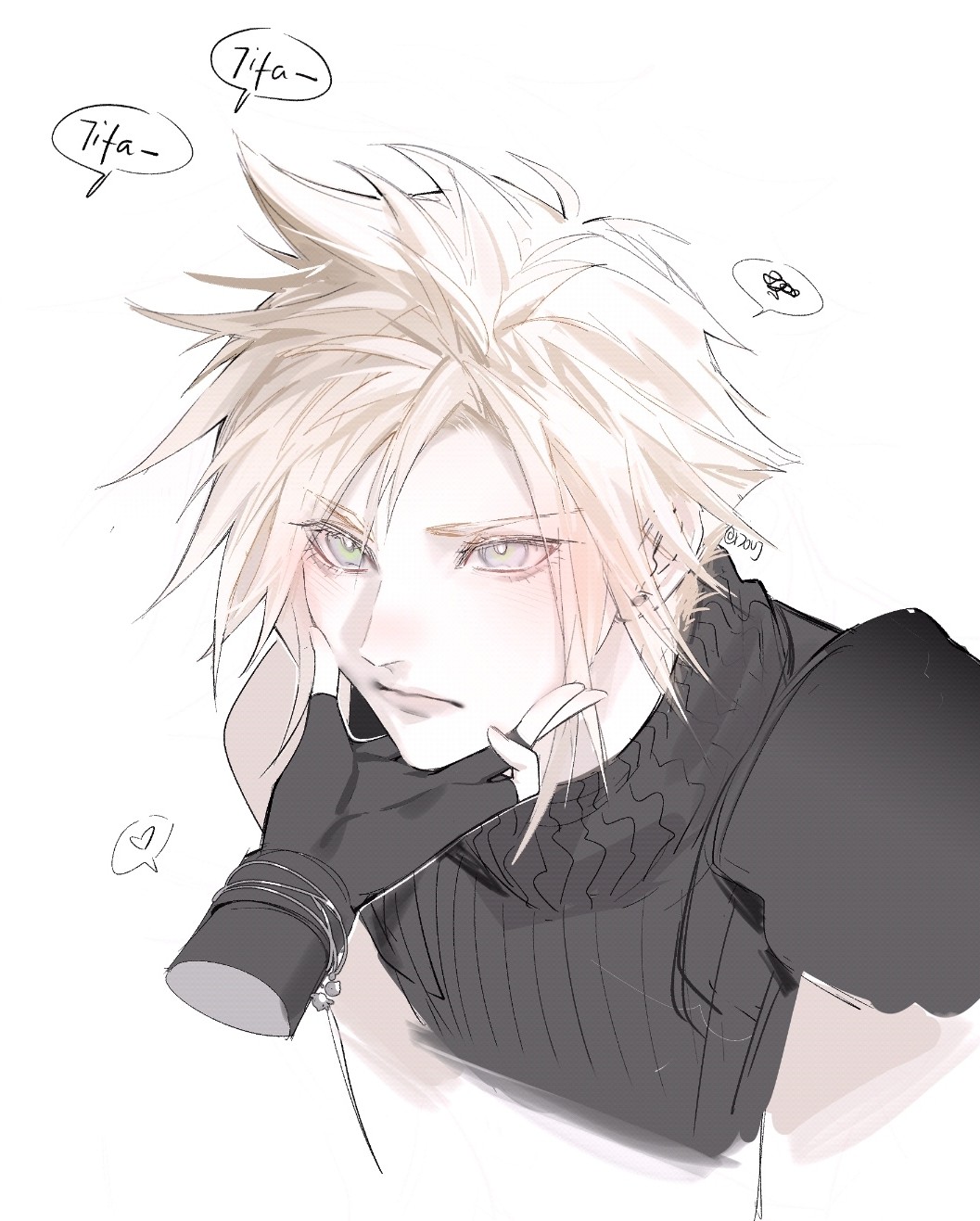 1boy 1girl armor black_gloves black_sweater blonde_hair blue_eyes bracelet closed_mouth cloud_strife commentary duoj_ji english_commentary final_fantasy final_fantasy_vii final_fantasy_vii_rebirth final_fantasy_vii_remake fingerless_gloves gloves hand_on_another's_face heart highres jewelry light_blush looking_at_another out_of_frame short_hair shoulder_armor single_bare_shoulder sleeveless sleeveless_turtleneck speech_bubble spiky_hair spoken_heart spoken_squiggle squiggle sweater tifa_lockhart turtleneck turtleneck_sweater twitter_username upper_body white_background