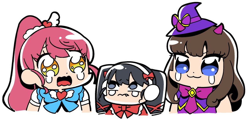 3: 3girls :3 bkub black_hair blue_eyes bow brown_hair chibi closed_mouth cropped_torso crying crying_with_eyes_open demon_horns fang frown gaaruru_(pripara) hair_bow hat headphones horns idol_clothes kurosu_aroma long_hair looking_at_another mini_hat mini_witch_hat multiple_girls open_mouth ponytail pretty_series pripara purple_horns red_bow redhead shiratama_mikan sidelocks simple_background smile tears twintails upper_body white_background witch_hat yellow_eyes