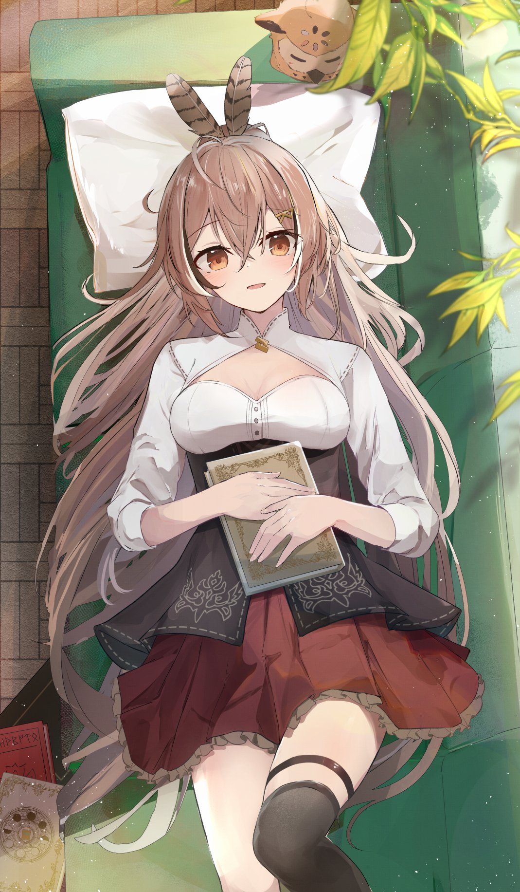1girl book breasts brown_eyes brown_hair brown_skirt cleavage_cutout clothing_cutout couch feather_hair_ornament feathers from_above hair_ornament highres holding holding_book hololive hololive_english long_hair lying medium_breasts nanashi_mumei nanashi_mumei_(1st_costume) on_back on_couch pillow shuuzo3 single_thighhigh skirt thigh-highs virtual_youtuber