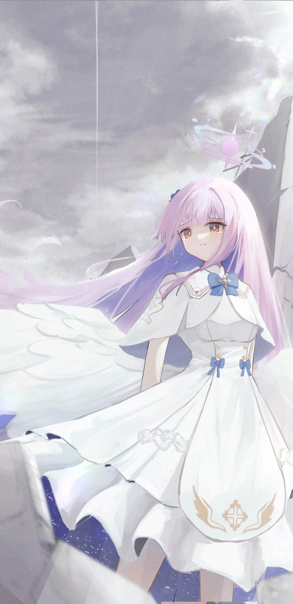 1girl arms_at_sides blue_archive bow bowtie breasts capelet closed_mouth clouds cloudy_sky corrupted_twitter_file crying cygnet_(5817cygnet) dress feet_out_of_frame frown halo highres long_hair low_wings mika_(blue_archive) outdoors pink_hair sky small_breasts solo standing streaming_tears tears very_long_hair white_dress wings yellow_eyes