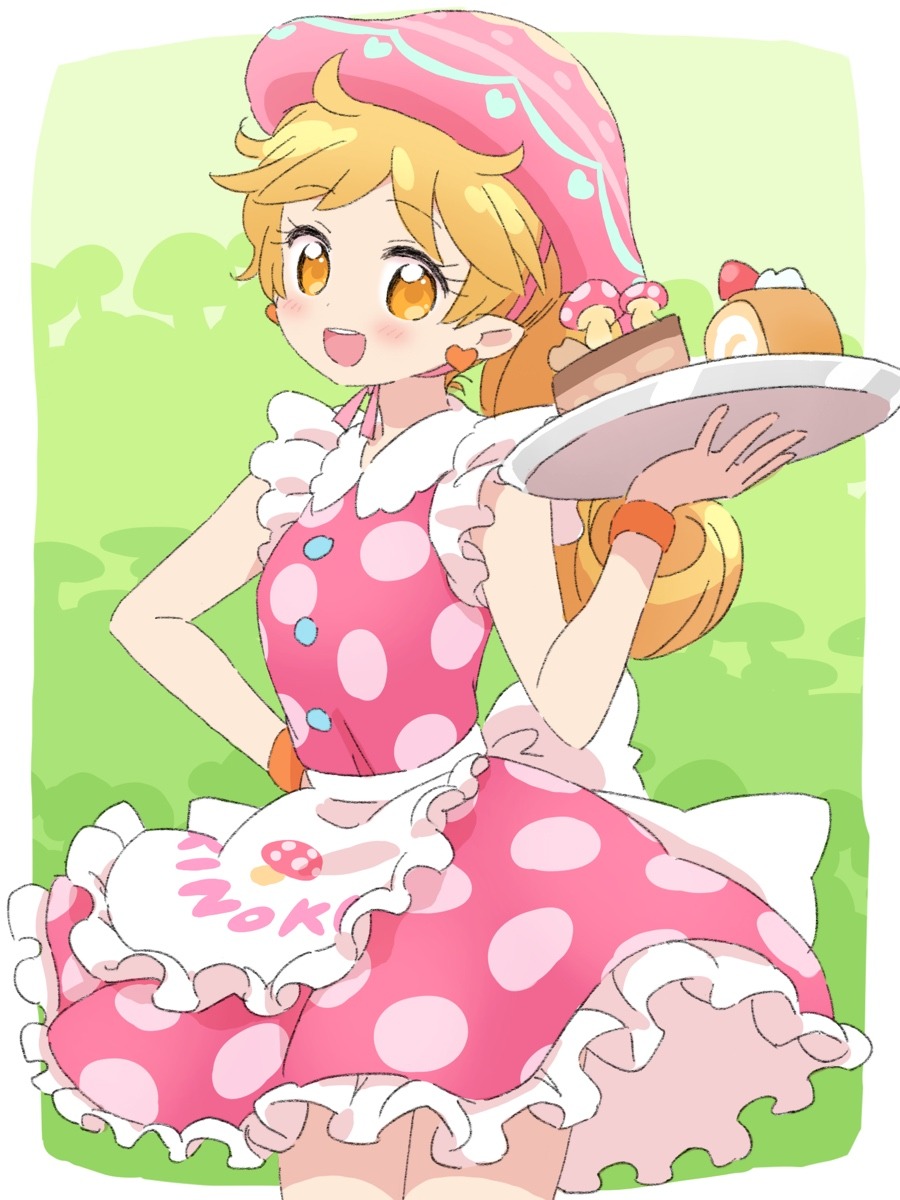 1girl :d apron blonde_hair border cake collared_dress cowboy_shot dress food frilled_apron frilled_dress frills green_background hand_on_own_hip hand_up highres himawari_(fairilu) holding holding_tray ikzw long_hair looking_at_viewer mushroom_hat open_mouth pink_dress pink_headwear polka_dot polka_dot_dress rilu_rilu_fairilu side_ponytail sleeveless sleeveless_dress smile solo standing tray waist_apron white_apron white_border yellow_eyes