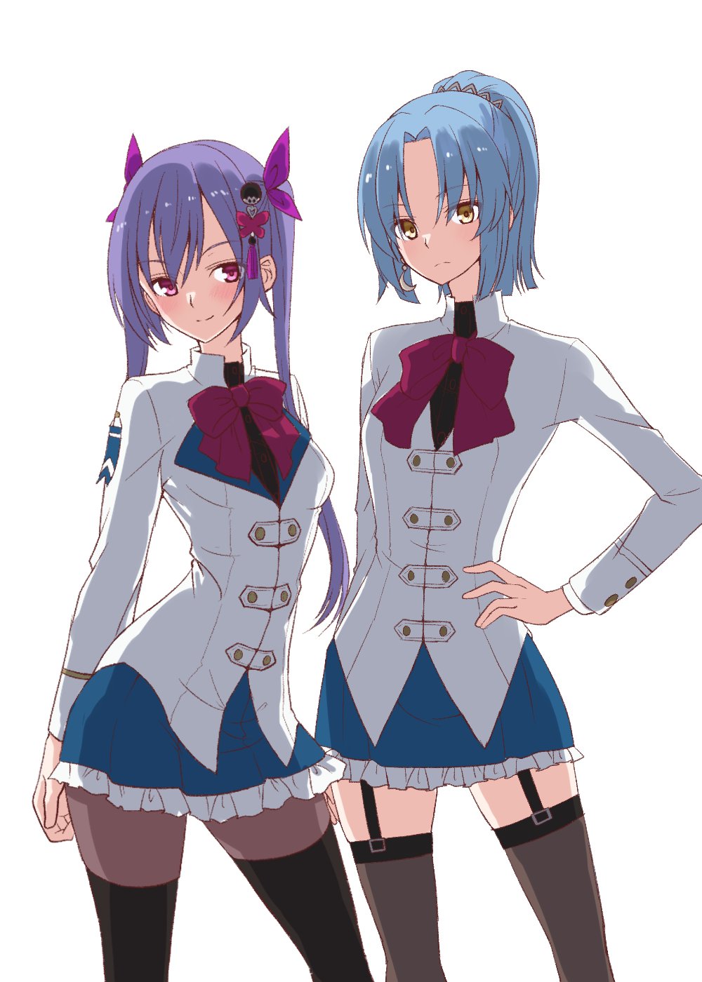 2girls arm_behind_back assault_lily black_thighhighs blue_hair blue_skirt blunt_ends blush bow bowtie breasts brown_pantyhose brown_thighhighs buttons closed_mouth commentary_request contrapposto cowboy_shot crescent crescent_earrings earrings frilled_skirt frills garter_straps gumoyu hair_between_eyes hair_ornament hair_ribbon hand_on_own_hip herensuge_girls_academy_school_uniform high_ponytail highres jacket jewelry long_sleeves looking_at_viewer makino_mitake matsumura_fuuka medium_breasts miniskirt multiple_girls pantyhose parted_bangs pink_eyes pink_ribbon ponytail purple_hair red_bow red_bowtie ribbon school_uniform short_hair simple_background skirt smile standing tassel tassel_hair_ornament thigh-highs thighhighs_over_pantyhose twintails v-shaped_eyebrows white_background white_jacket yellow_eyes