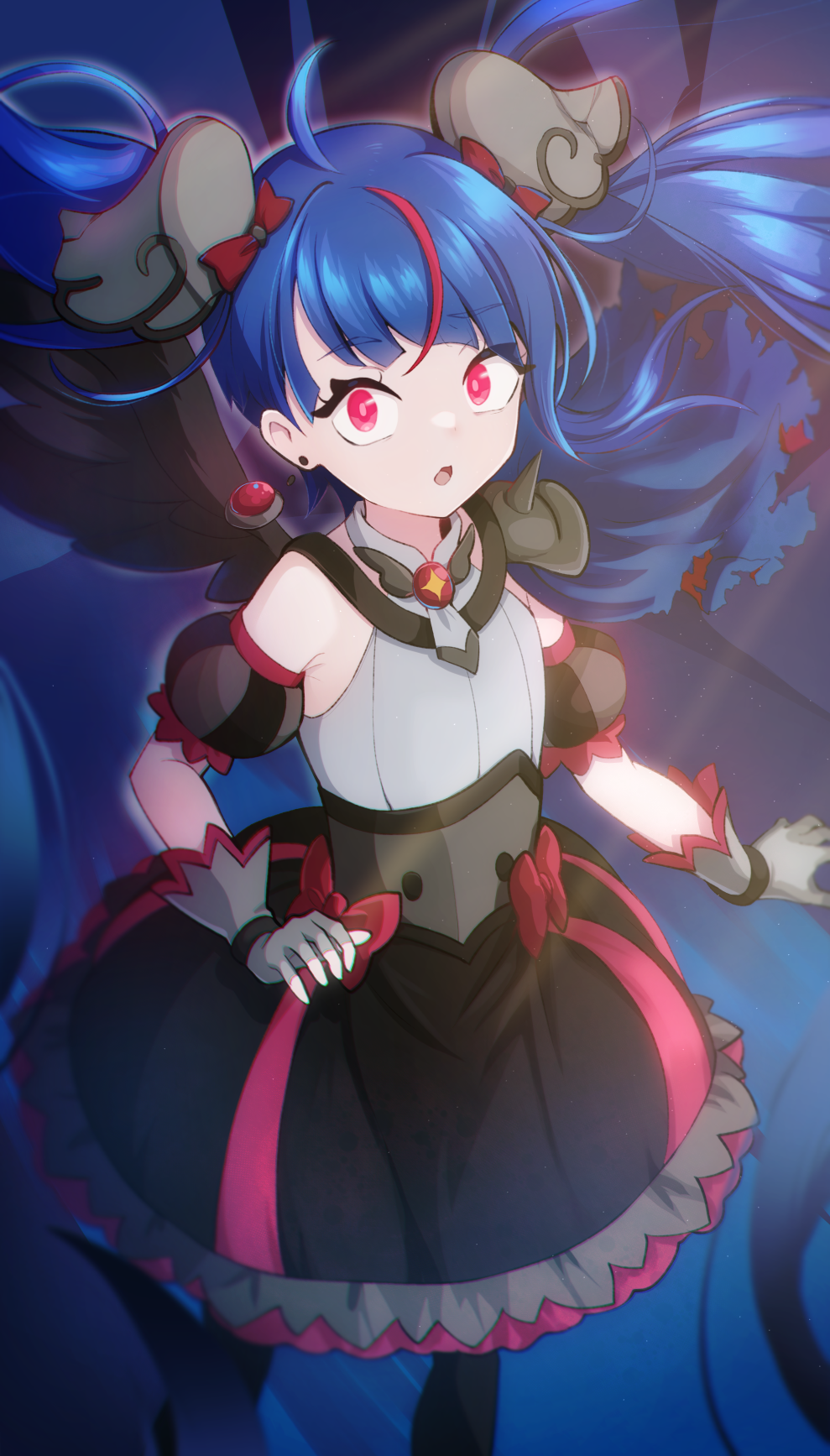 1girl :o ahoge armor black_dress black_thighhighs black_wings blue_hair bow brooch commentary cure_sky cut_bangs detached_sleeves dress dress_bow earrings feathered_wings fingerless_gloves frilled_dress frills gloves grey_gloves hangariita highres hirogaru_sky!_precure jewelry long_hair looking_at_viewer multicolored_hair open_mouth pauldrons precure puffy_detached_sleeves puffy_sleeves red_eyes redhead short_dress shoulder_armor single_pauldron single_sidelock single_wing sleeveless sleeveless_dress solo sora_harewataru spiked_pauldrons standing streaked_hair thigh-highs twintails wind wing_brooch wing_hair_ornament wings