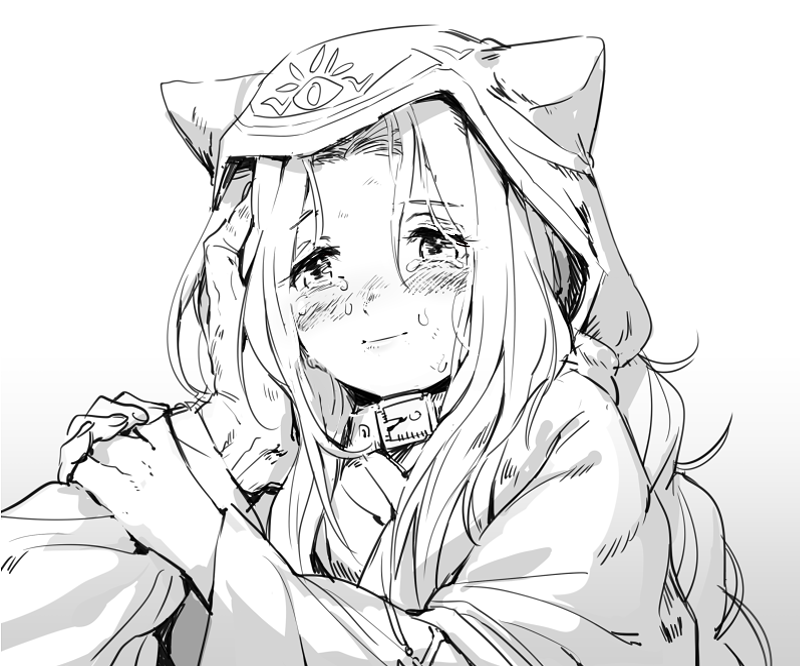 1girl 1other animal_ear_hood animal_ears blush character_request cloak closed_mouth collar crying crying_with_eyes_open dashi_(minzoku_gb) fake_animal_ears fate/grand_order fate_(series) greyscale hand_on_another's_arm hand_on_another's_cheek hand_on_another's_face hood hood_up hooded_cloak long_hair long_sleeves looking_afar looking_at_another medusa_(fate) medusa_(lancer)_(fate) monochrome out_of_frame parted_bangs simple_background smile solo_focus tears upper_body white_background