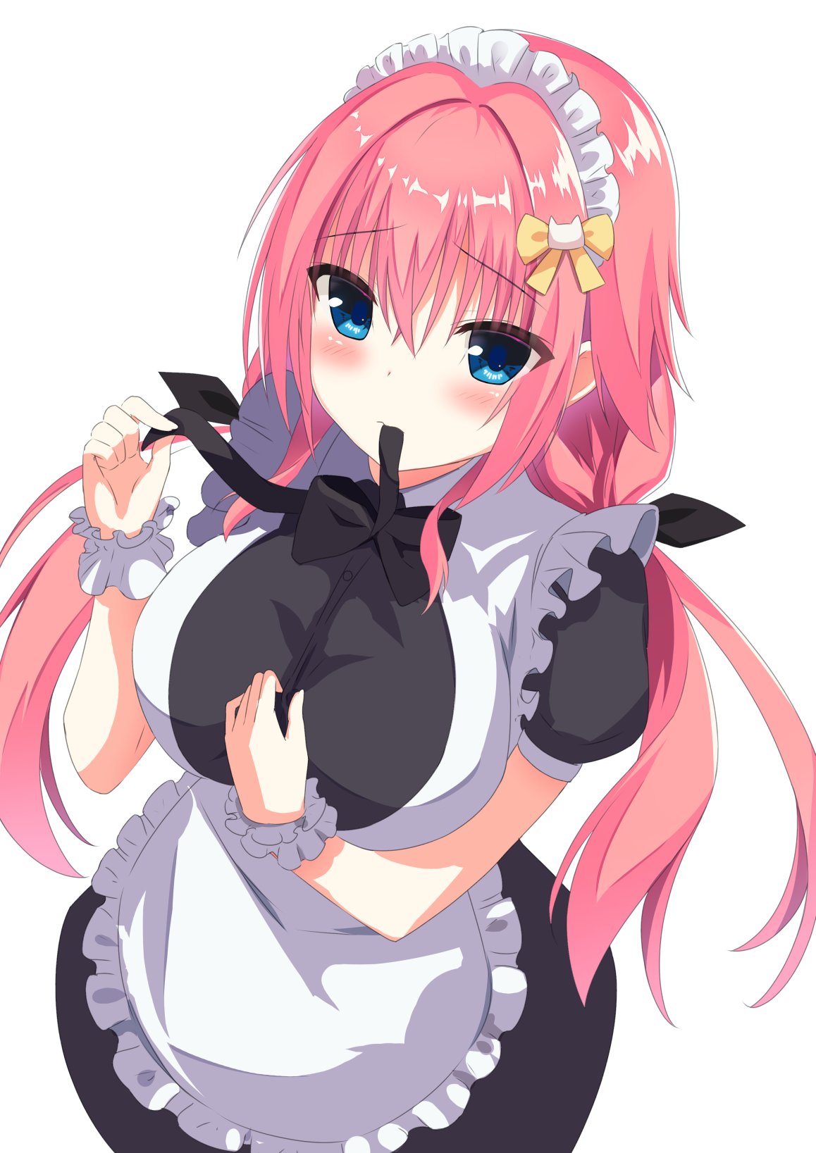 1girl 3: alternate_costume apron black_bow black_bowtie black_dress black_ribbon blue_eyes blush bow bowtie breasts closed_mouth commentary_request cowboy_shot crossed_bangs dress enmaided eyes_visible_through_hair frilled_apron frilled_cuffs frills from_above frown hair_between_eyes hair_bow hair_intakes hair_ribbon hamidashi_creative hand_on_own_chest hands_up highres large_breasts long_hair looking_at_viewer low_twintails maid maid_apron maid_headdress mouth_hold pnsk4125 puffy_short_sleeves puffy_sleeves redhead ribbon ribbon_in_mouth short_sleeves shy simple_background solo tokiwa_kano twintails very_long_hair white_apron white_background white_wrist_cuffs wrist_cuffs yellow_bow