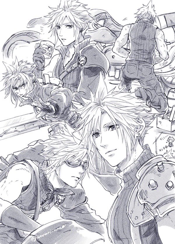 armor closed_mouth cloud_strife cup dirty dirty_face earrings fenrir_(final_fantasy) fighting_stance final_fantasy final_fantasy_vii final_fantasy_vii_advent_children final_fantasy_vii_remake fusion_swords gloves goggles greyscale holding holding_cup holding_sword holding_weapon jewelry light_smile male_focus monochrome motor_vehicle motorcycle multiple_views on_one_knee outstretched_hand parted_lips popped_collar shirt short_hair shoulder_armor single_bare_shoulder single_earring single_shoulder_pad single_sleeve sleeveless sleeveless_shirt sleeveless_turtleneck spiky_hair suspenders sword turtleneck upper_body warori_anne weapon