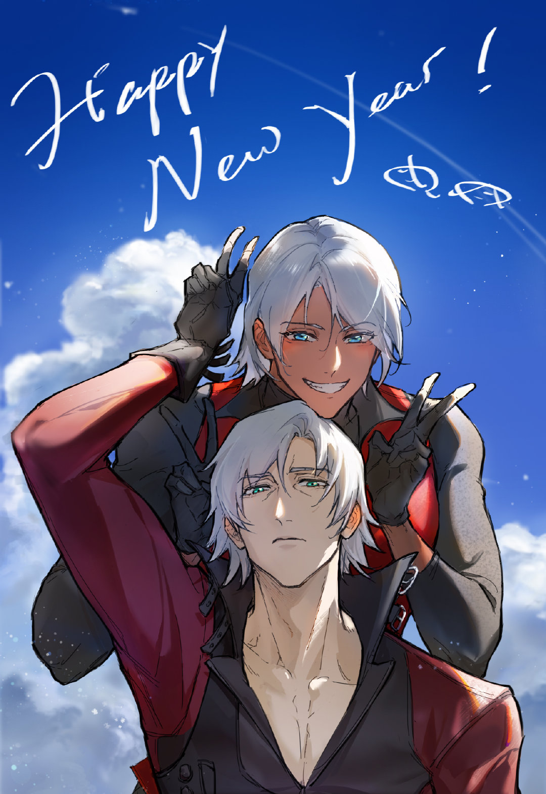 aged_down aged_up black_gloves blue_eyes closed_mouth dante_(devil_may_cry) dark-skinned_male dark_skin despisegun devil_may_cry_(series) devil_may_cry_1 devil_may_cry_2 gloves hair_over_one_eye highres long_hair male_focus smile tan v white_hair