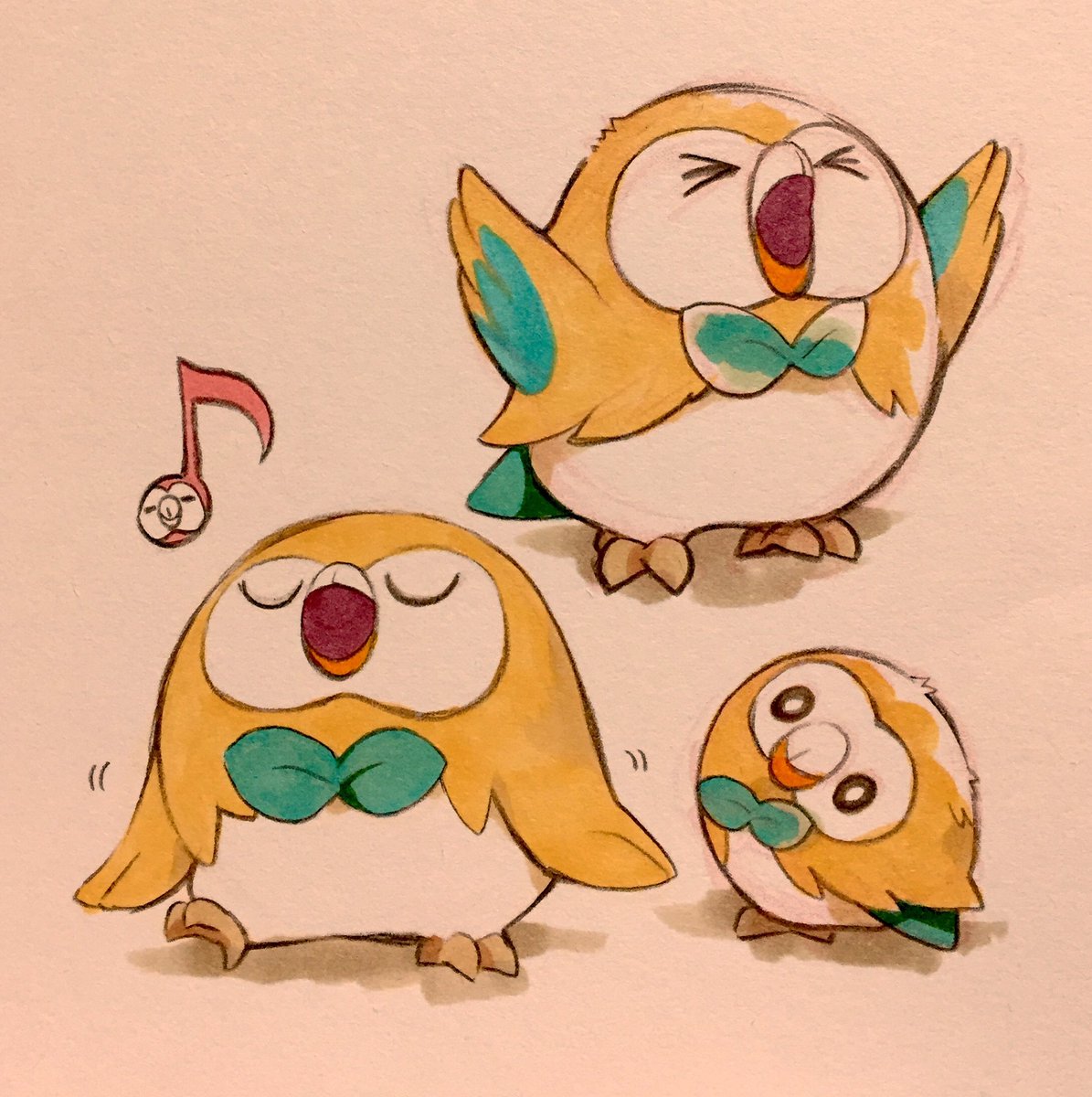 &gt;o&lt; arms_up bird bow bowtie bright_pupils commentary_request full_body head_tilt highres ikuchi_osutega motion_lines multiple_views music musical_note owl pokemon pokemon_(creature) rowlet shouting singing solo traditional_media walking white_pupils