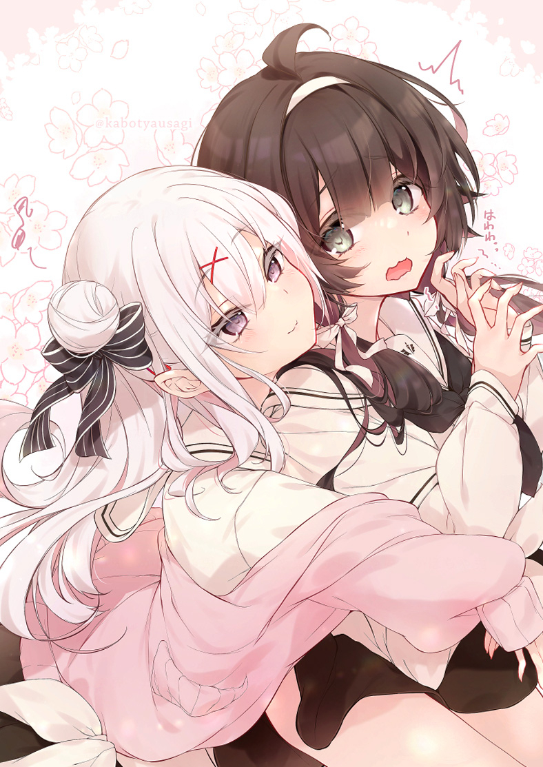 2girls ^^^ ahoge black_bow black_neckerchief black_skirt bow brown_hair closed_mouth commentary_request eighth_note floral_background grey_eyes hair_between_eyes hair_bow hair_bun hair_ornament hairband hug hug_from_behind jacket kabocha_usagi long_sleeves multiple_girls musical_note neckerchief novel_illustration off_shoulder official_art open_clothes open_jacket open_mouth original pink_jacket puffy_long_sleeves puffy_sleeves sailor_collar shirt simple_background single_side_bun skirt sleeves_past_wrists smile striped_bow translation_request trembling twitter_username violet_eyes white_background white_hair white_hairband white_sailor_collar white_shirt x_hair_ornament