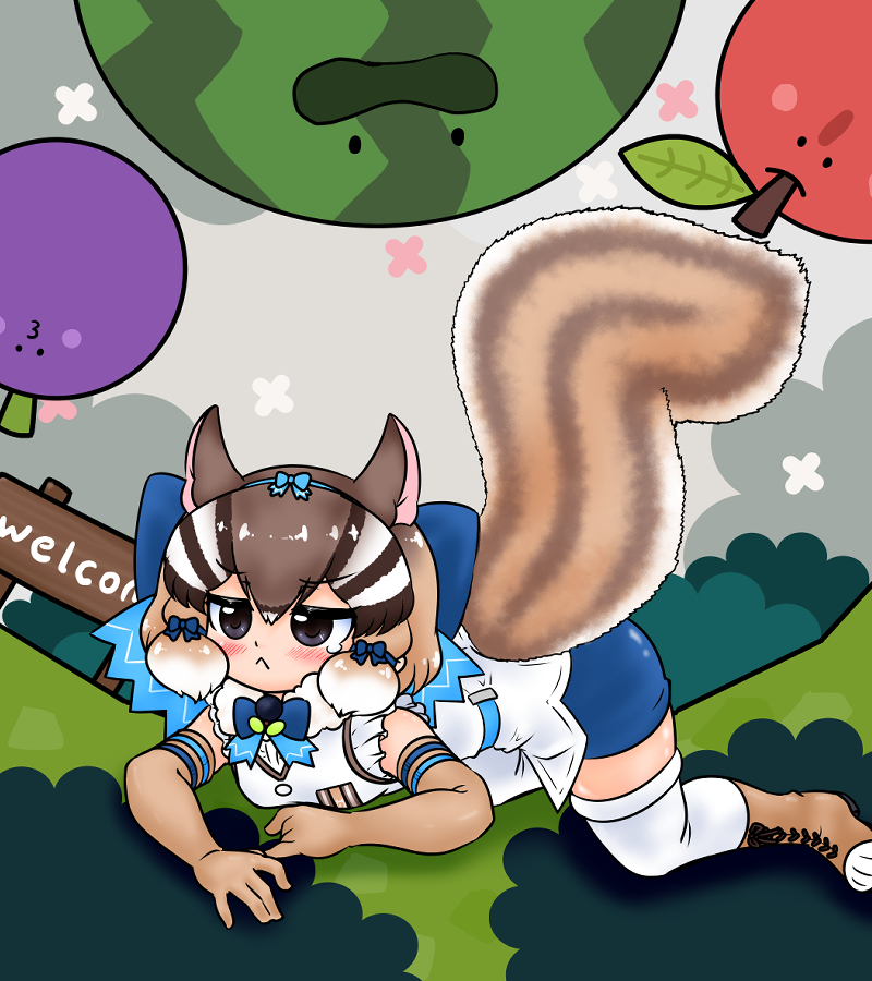 1girl animal_ears black_eyes boots brown_hair chipmunk_ears chipmunk_girl chipmunk_tail edamamezooooo elbow_gloves extra_ears gloves kemono_friends kemono_friends_v_project looking_at_viewer microphone ribbon shirt short_hair shorts siberian_chipmunk_(kemono_friends) sleeveless sleeveless_shirt tail thigh-highs vest virtual_youtuber
