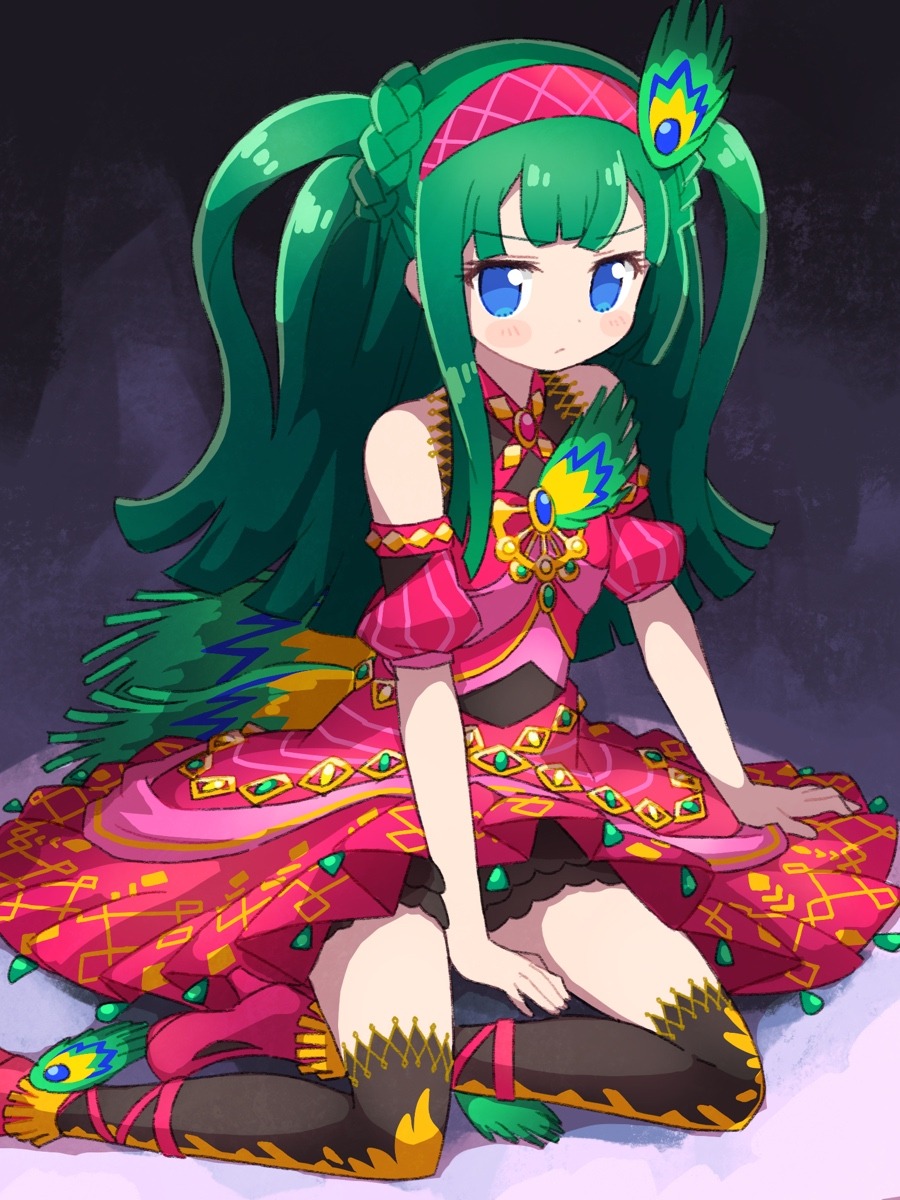 1girl bare_shoulders between_legs black_thighhighs blue_eyes blunt_bangs blunt_ends closed_mouth dress full_body green_hair hairband hand_between_legs highres idol_clothes ikzw long_hair looking_at_viewer peacock_feathers pretty_series pripara red_dress red_hairband sitting solo thigh-highs tsukikawa_chili two_side_up