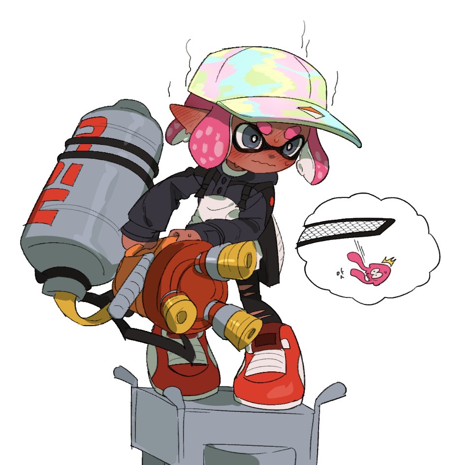 1girl baseball_cap black_pants commentary_request dark-skinned_female dark_skin full_body grate grey_eyes gun hat holding holding_gun holding_weapon hydra_splatling_(splatoon) ikki_(gsl_9708) inkling inkling_girl korean_commentary pants pink_hair red_footwear shoes short_hair solo splatoon_(series) splatoon_3 squid standing sweat tentacle_hair thick_eyebrows thought_bubble torn_clothes torn_pants wavy_mouth weapon