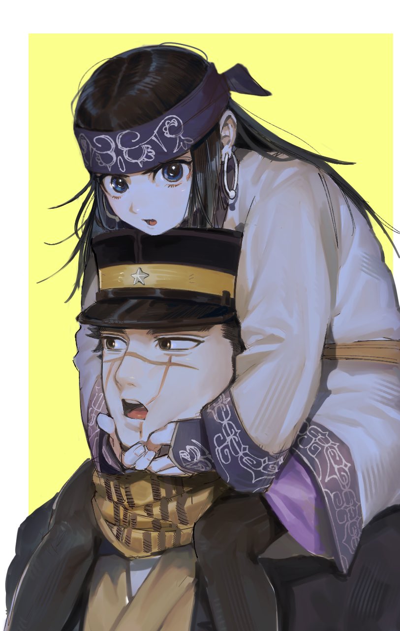 1boy 1girl ainu ainu_clothes asirpa bandana black_hair black_headwear black_jacket black_pantyhose blue_bandana blue_eyes border brown_eyes carrying carrying_person commentary earrings golden_kamuy hands_on_another's_face hat highres hoop_earrings jacket jewelry kepi long_hair long_sleeves looking_at_viewer looking_to_the_side military_hat open_mouth outside_border pantyhose parted_lips scar scar_on_cheek scar_on_face scar_on_mouth scar_on_nose scarf shoulder_carry sugimoto_saichi symbol-only_commentary teeth upper_teeth_only white_border yellow_background yellow_scarf yongsa_(y0ngs4)