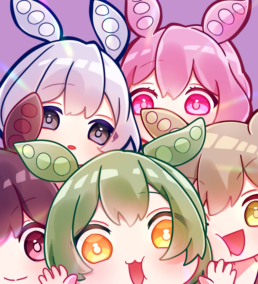 5girls :3 against_fourth_wall animal_ears ankomon bright_pupils brown_hair cheek_press close-up closed_mouth commentary double-parted_bangs green_hair grey_eyes light_brown_hair looking_at_viewer multiple_girls open_mouth parted_lips pink_background pink_eyes pink_hair red_eyes shin_(83211021) short_hair smile symbol-only_commentary voiceroid voicevox white_hair white_pupils yellow_eyes zundamon